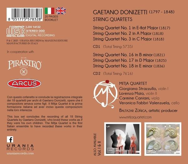 CD-Cover. Titel: Streichquartette von Gaetano Donizetti. Enthält Text, Logos und Bilder.