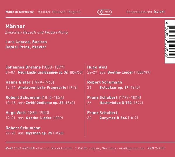 Roter Albumumschlag mit Text: 'Männer', Namen und musikalischen Kompositionen verschiedener Komponisten. Barcode rechts.