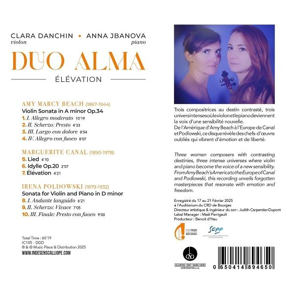CD-Cover. Duo Alma mit Clara Danchin und Anna Jbanova, musikalischen Details und einem Foto.