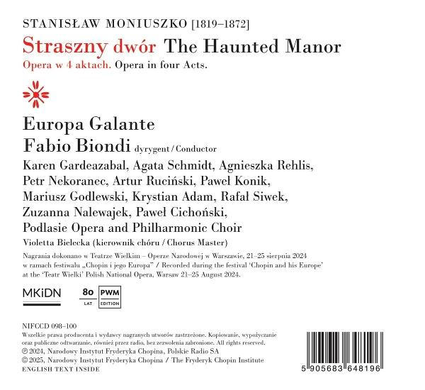 Oper 'The Haunted Manor' von Moniuszko. Auflistung von Besetzung, Dirigent und Chor. Enthält Text auf Polnisch und Englisch.