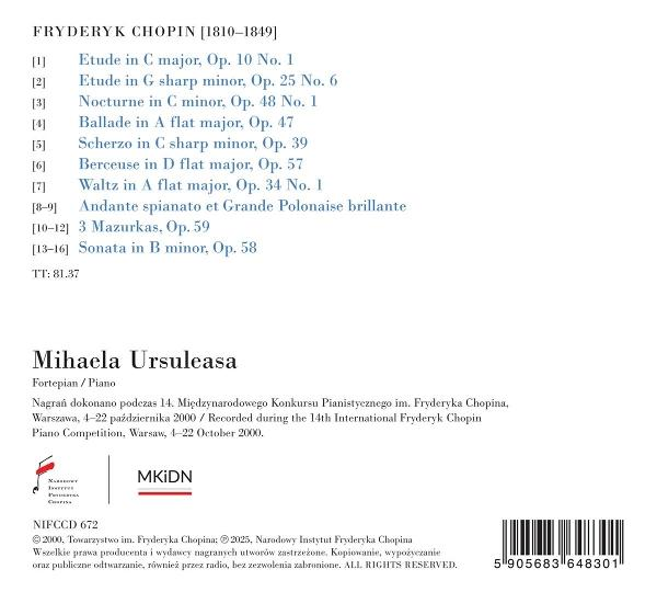 Das Bild ist ein CD-Cover mit einer Liste von Chopins Kompositionen, einem Foto von Mihaela Ursuleasa und Copyright-Informationen.