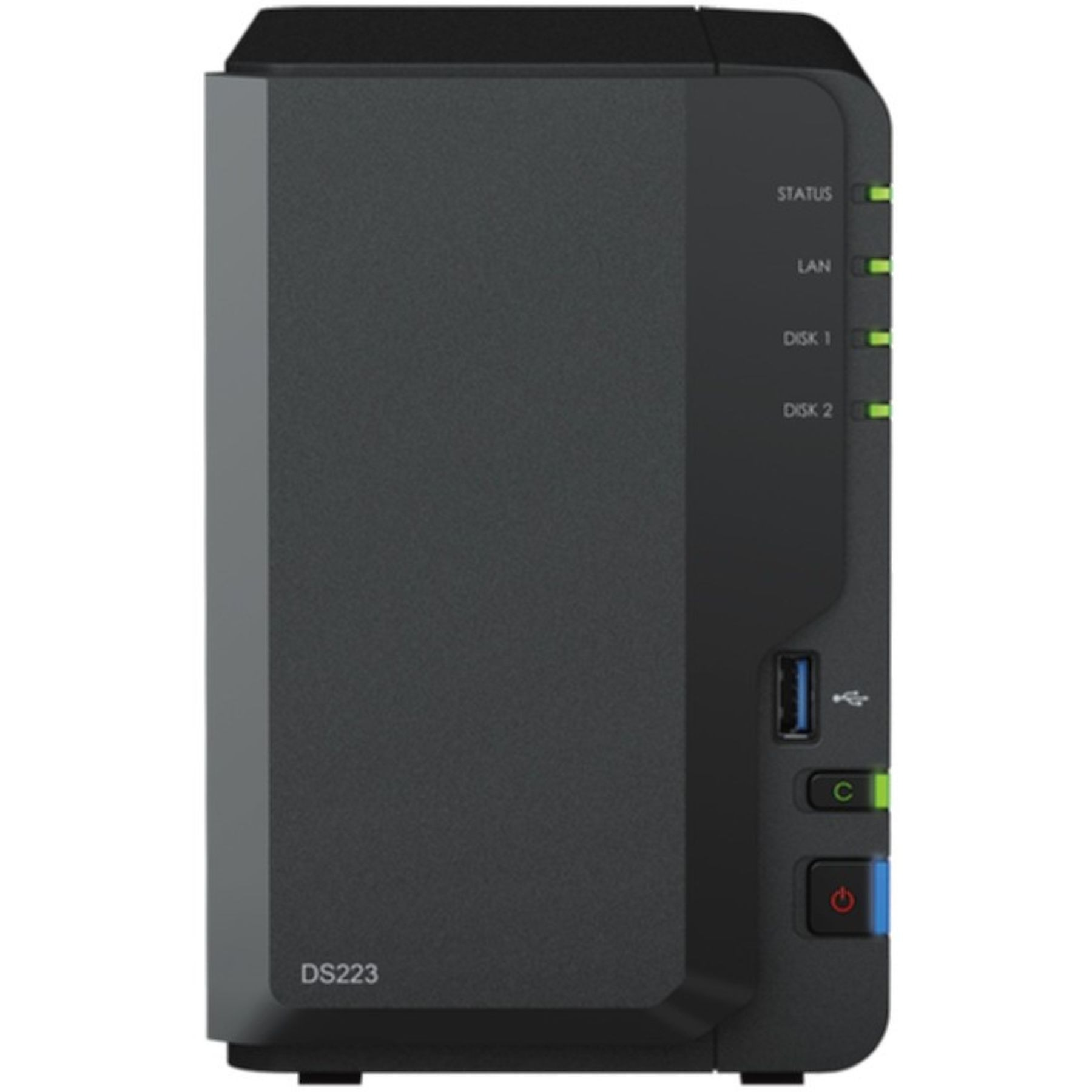 Black NAS device with status lights, USB port, and power button. The model is DS223.