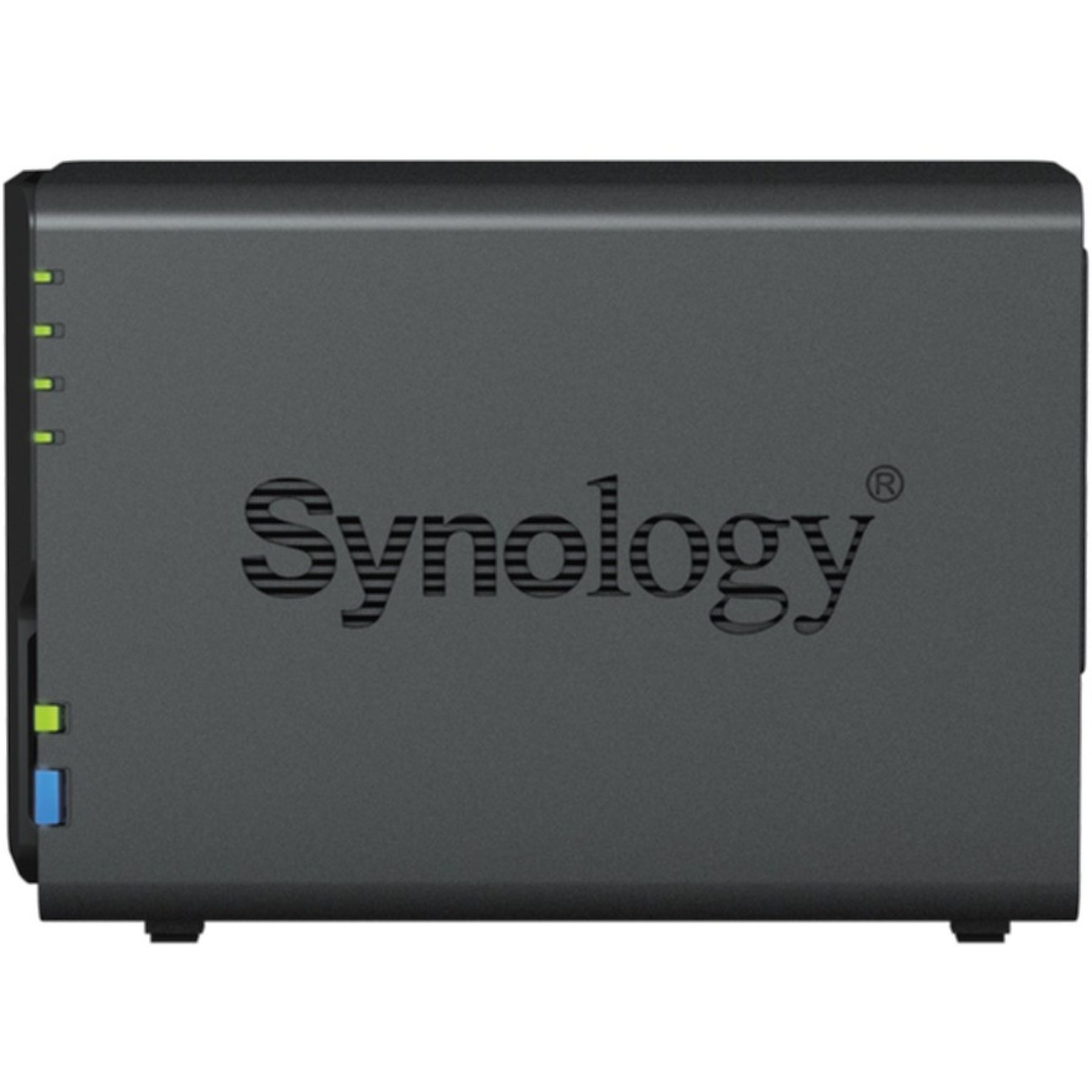 A dark gray Synology NAS. It has green and blue lights and the Synology logo. The NAS is on a white background.