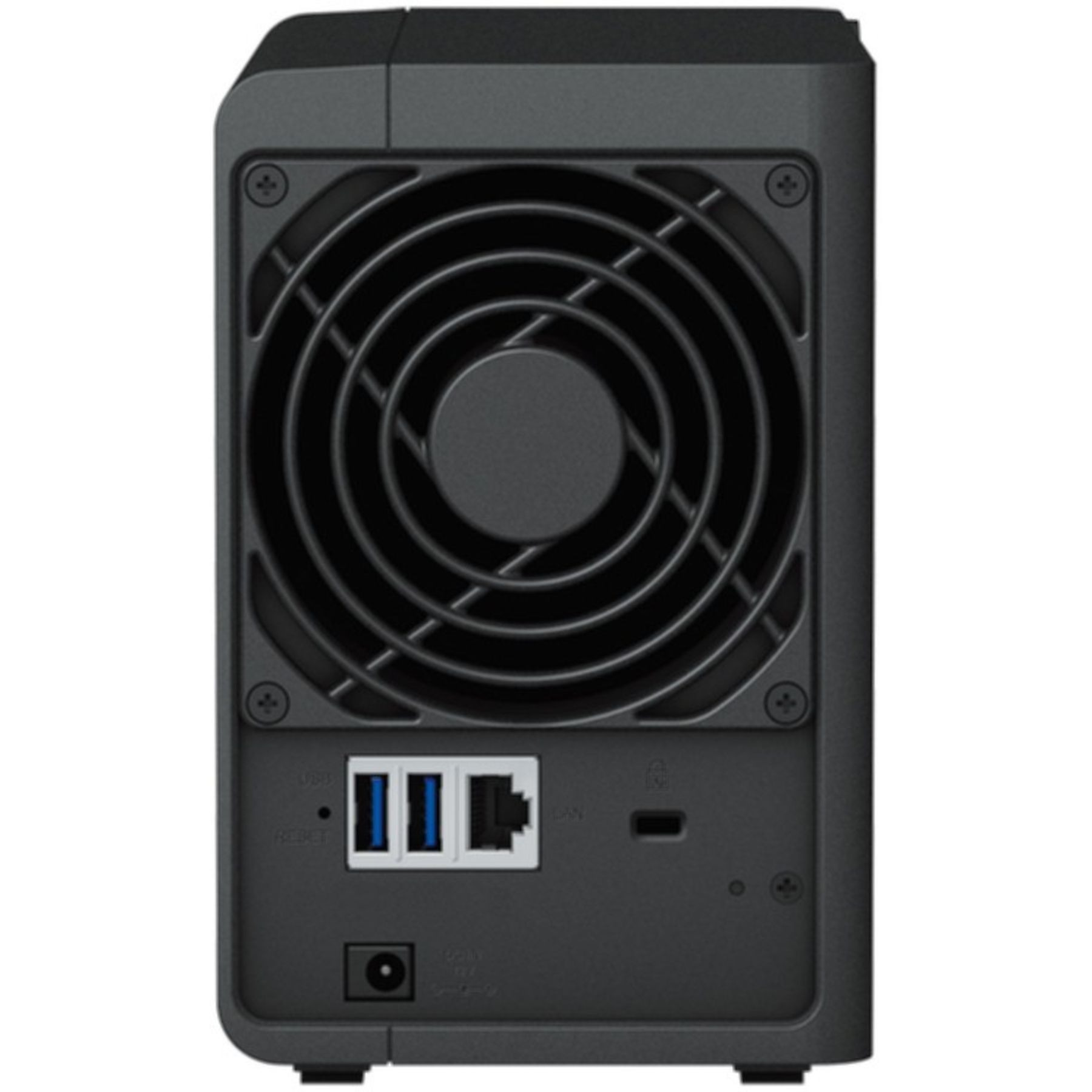 Black NAS device back panel with fan, ports, and connectors. Includes USB, LAN, and power inputs.