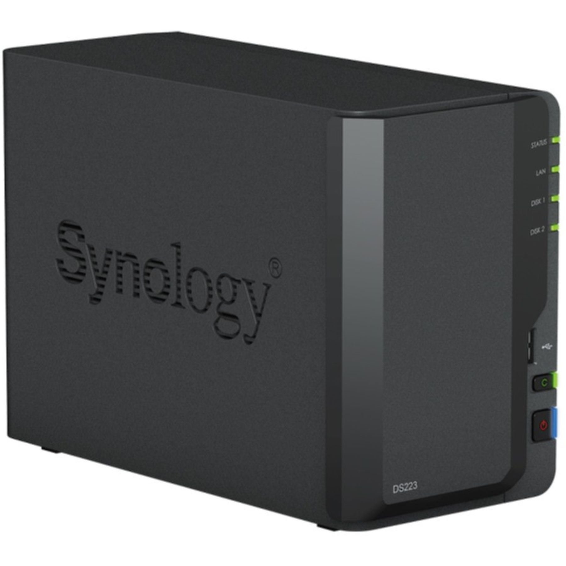 A black Synology DS223 NAS device. It has the Synology logo and status lights. The model name is DS223.