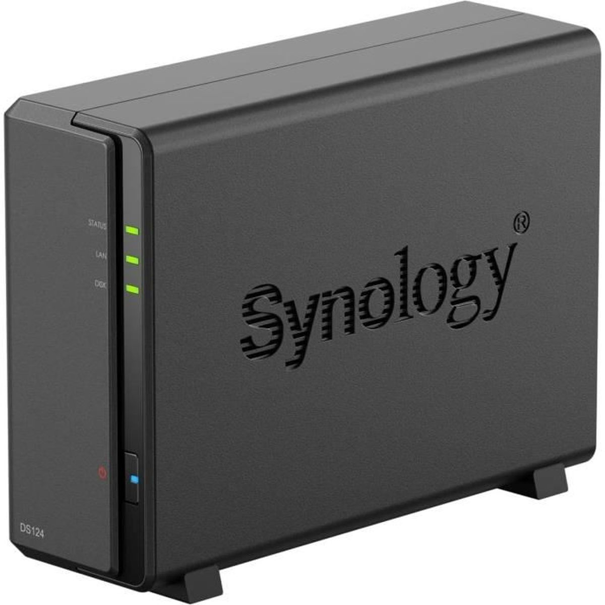 Un serveur NAS Synology DS124 noir. Il a des voyants d'état, le logo Synology et un bouton d'alimentation. Les lumières vertes et bleues sont allumées.