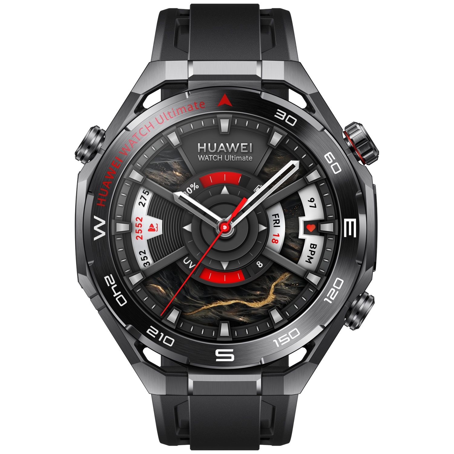 Een zwarte Huawei Watch Ultimate met ronde wijzerplaat, rode en witte details. Toont tijd, datum en gezondheidsstatistieken.