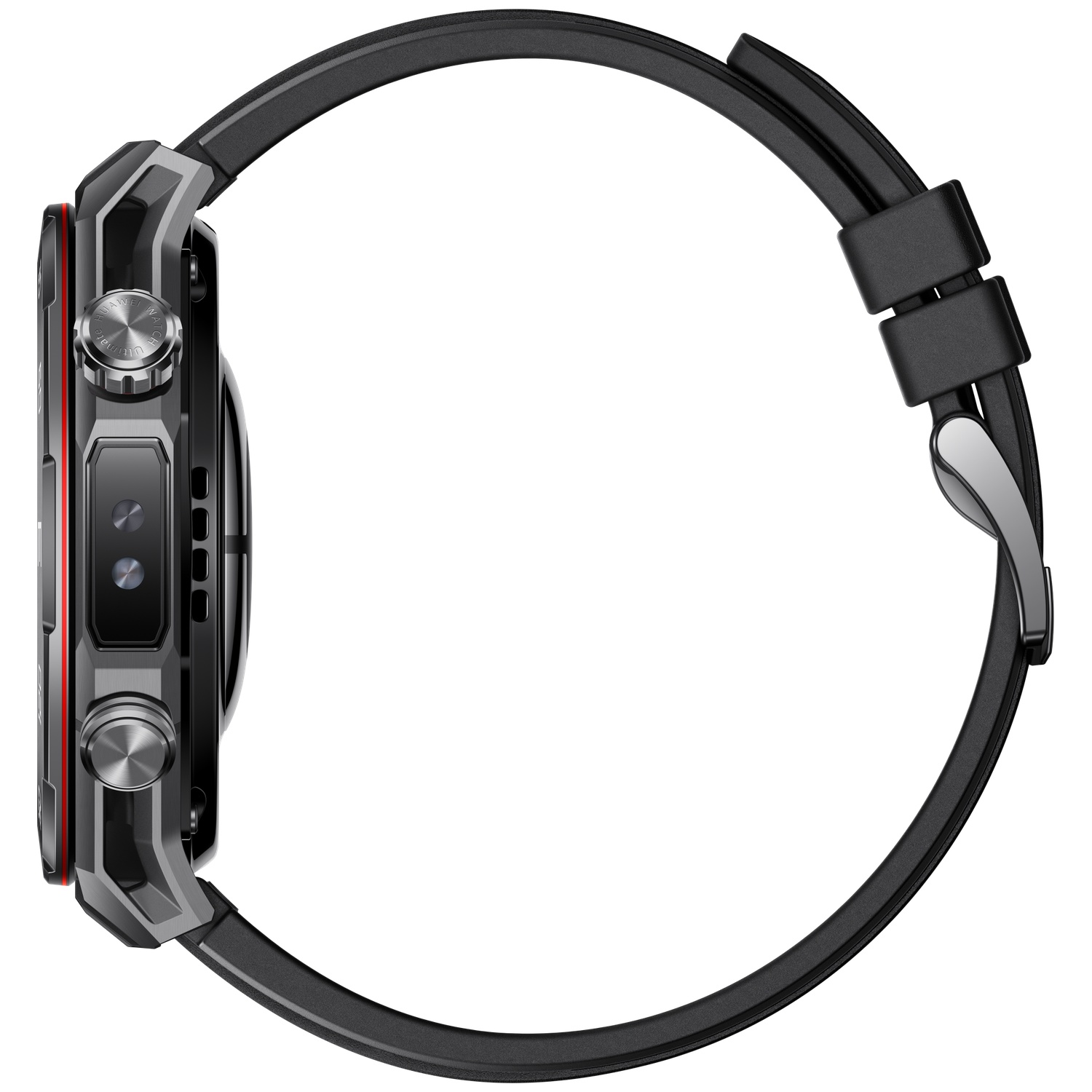 Zijaanzicht van een zwart smartwatch met ronde wijzerplaat, zwarte band en zilveren details. Het horloge staat op een witte achtergrond.