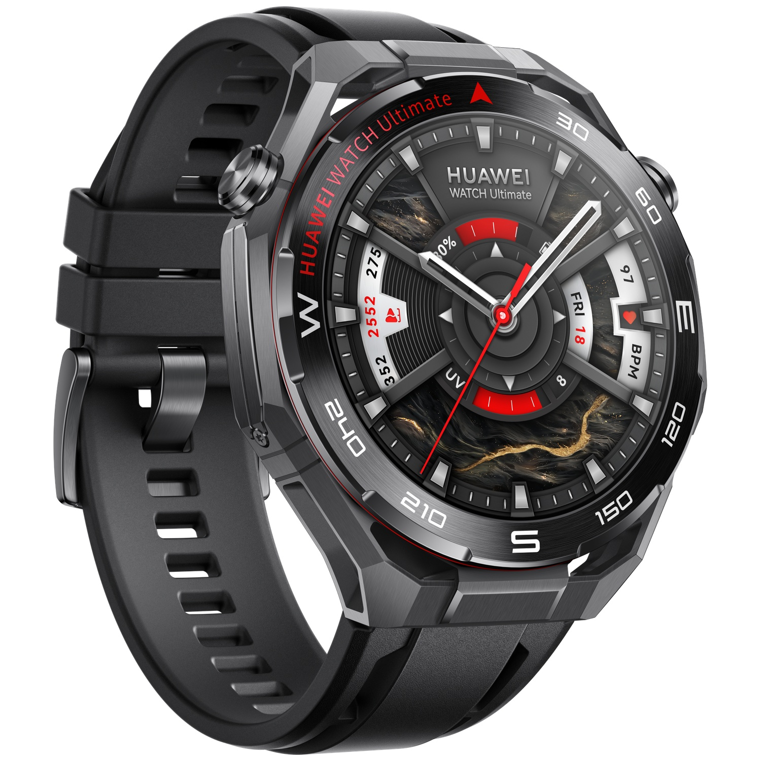 Een zwarte Huawei Watch Ultimate. Het heeft een zwarte band en een donkergrijze wijzerplaat met rode en witte accenten. Geeft tijd en gezondheidsgegevens weer.