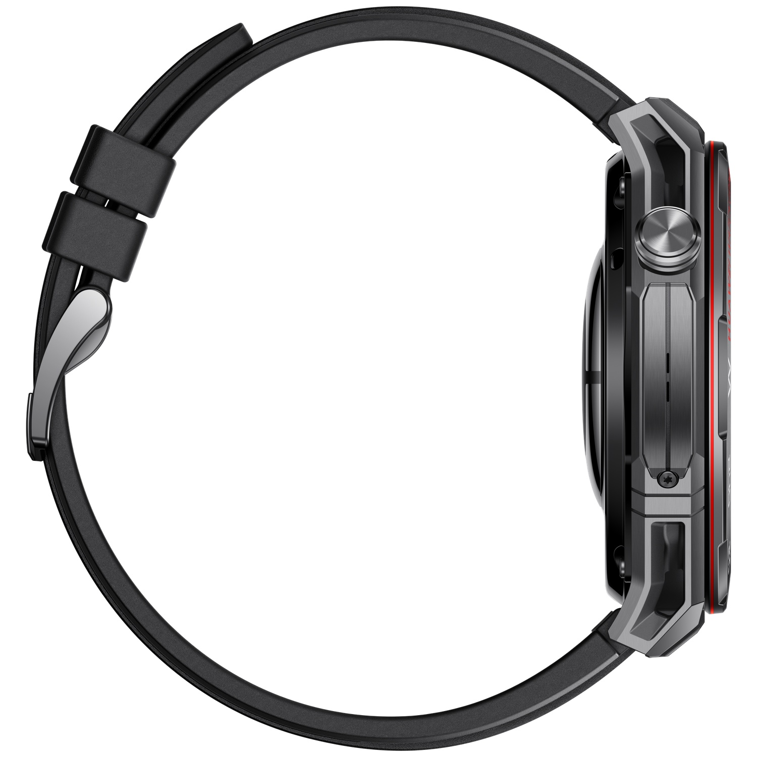 Zijaanzicht van een zwarte smartwatch met ronde wijzerplaat, zwarte band en rode accentkleur.