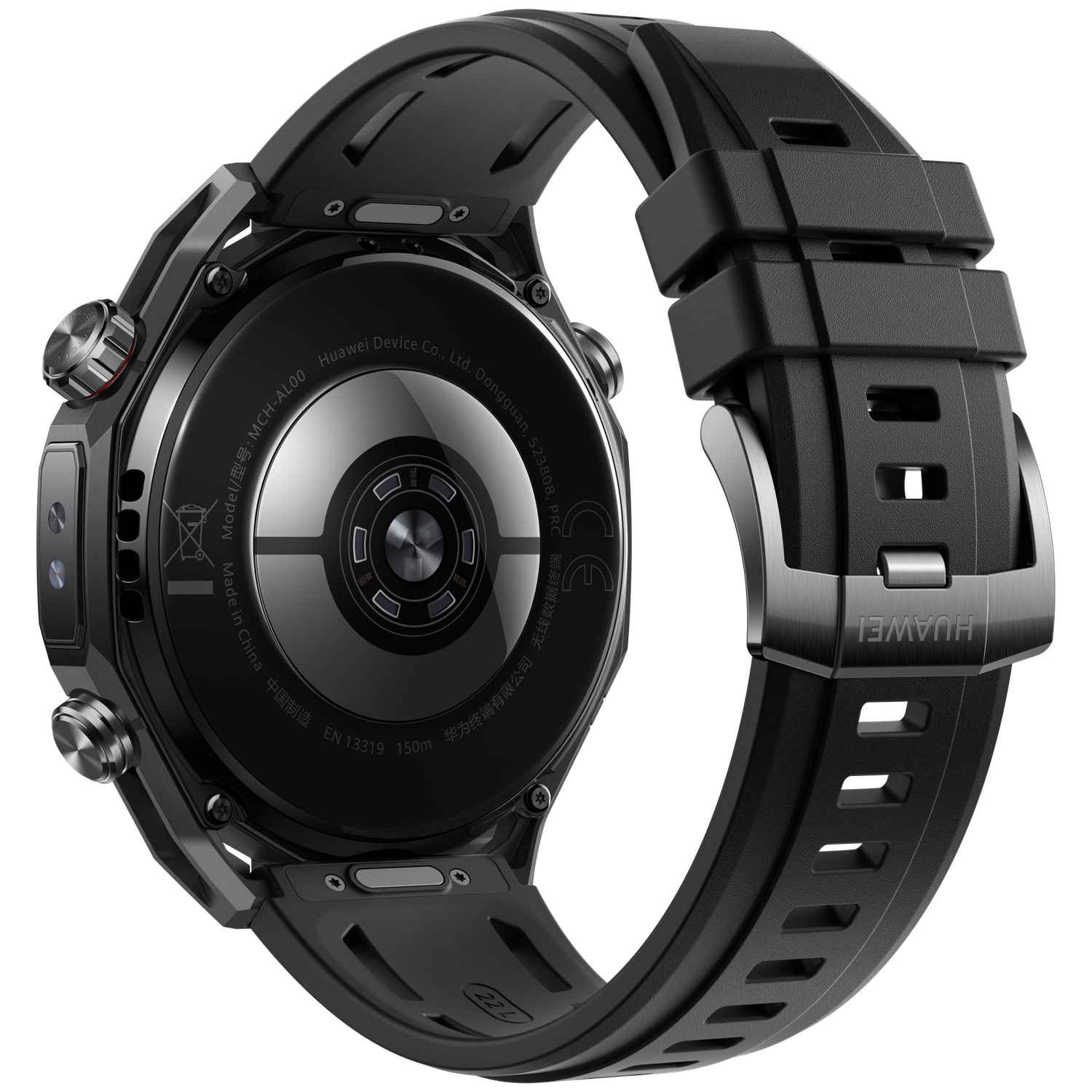 Zwarte Huawei smartwatch. De onderkant toont sensoren en fabrikantdetails. Zwarte band met metalen sluiting.