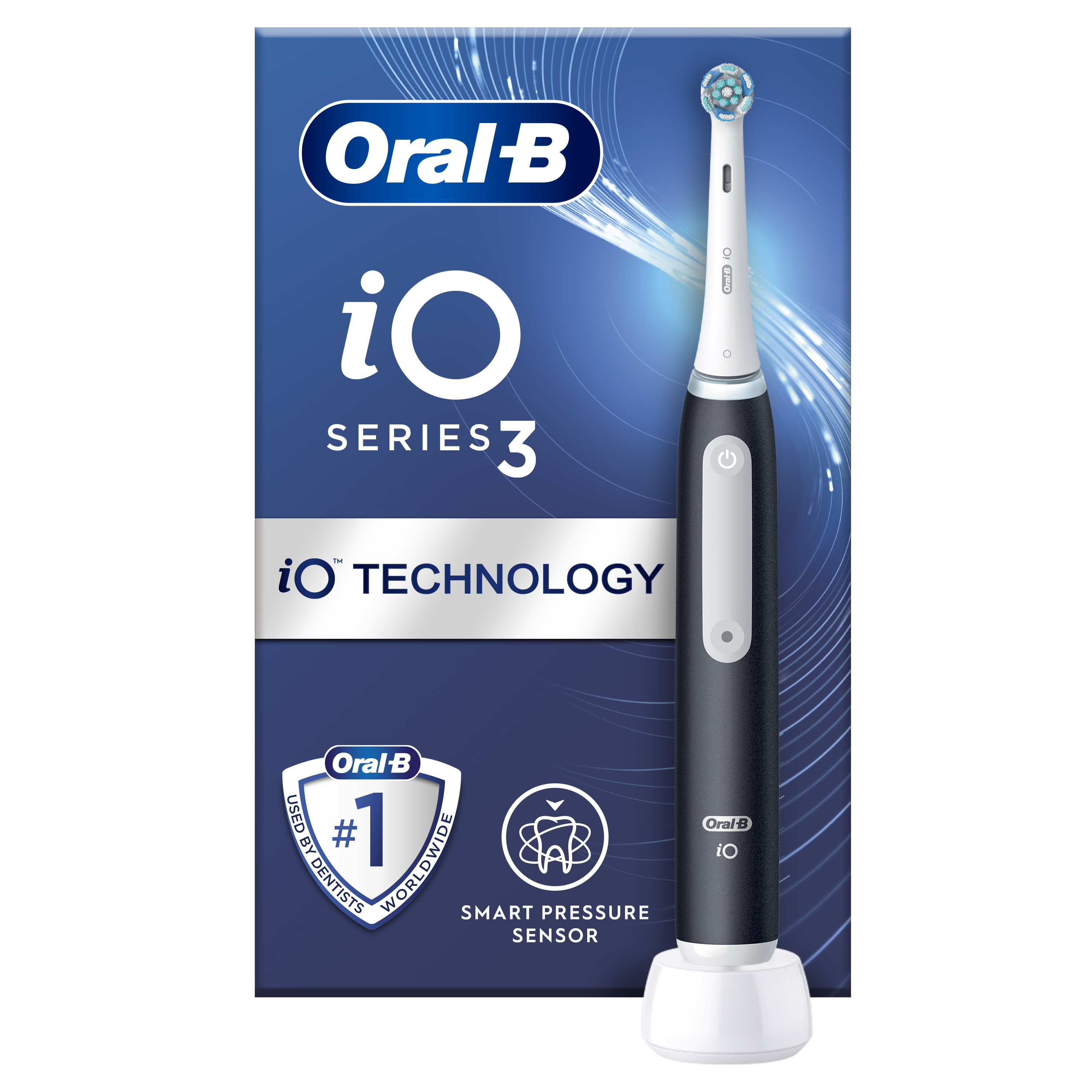 Szczoteczka elektryczna Oral-B iO Series 3 w granatowo-białym pudełku ze szczoteczką na pierwszym planie.