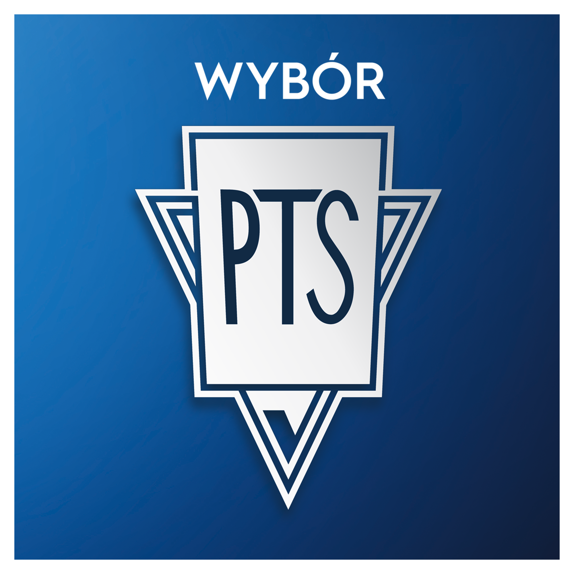 Obrazek przedstawia niebieskie tło z białym logo. Logo mówi WYBÓR i ma litery PTS.