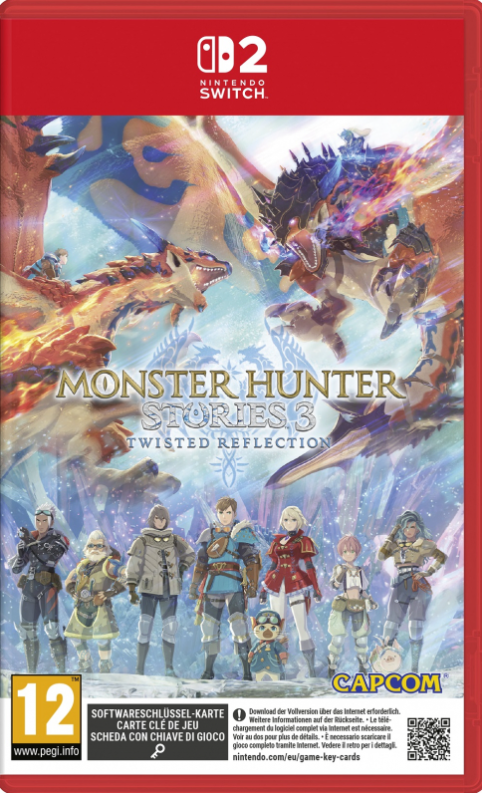 Monster Hunter Stories 3 Spielbox. Enthält Charaktere, Monster und Logo. Roter Rahmen mit Nintendo Switch Logo.