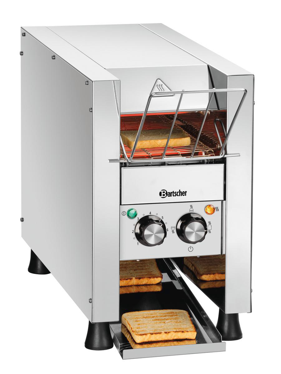 Ein Edelstahl-Toaster mit Brot darin. Er hat ein Bedienfeld mit Knöpfen und eine Ablage mit Toast.
