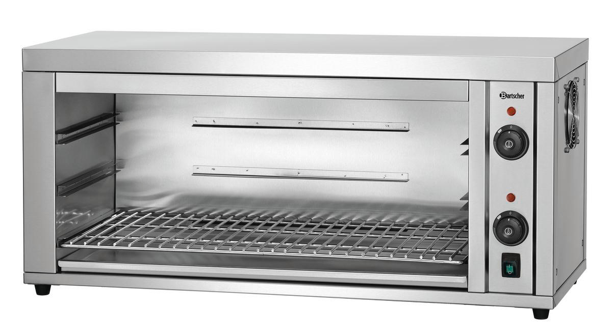 Edelstahlofen mit Glastür, Metallroste innen. Bedienelemente rechts. Bartscher Logo.