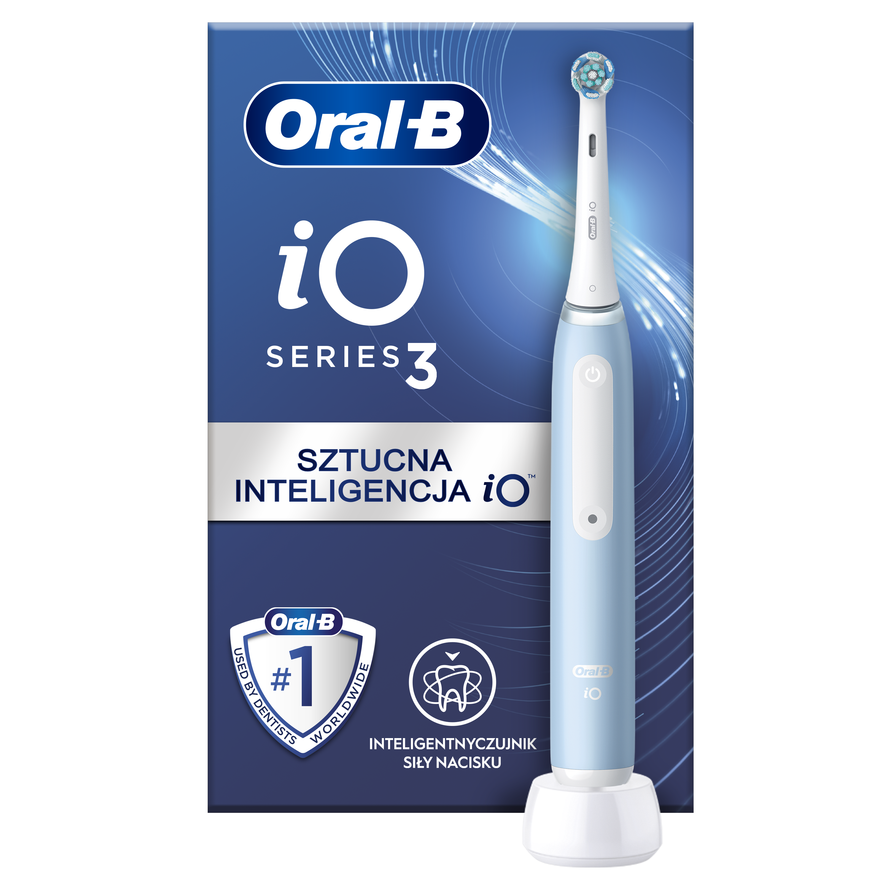 Elektryczna szczoteczka do zębów Oral-B iO Series 3 na stacji ładującej, ze szczegółami produktu na opakowaniu. Niebieski.