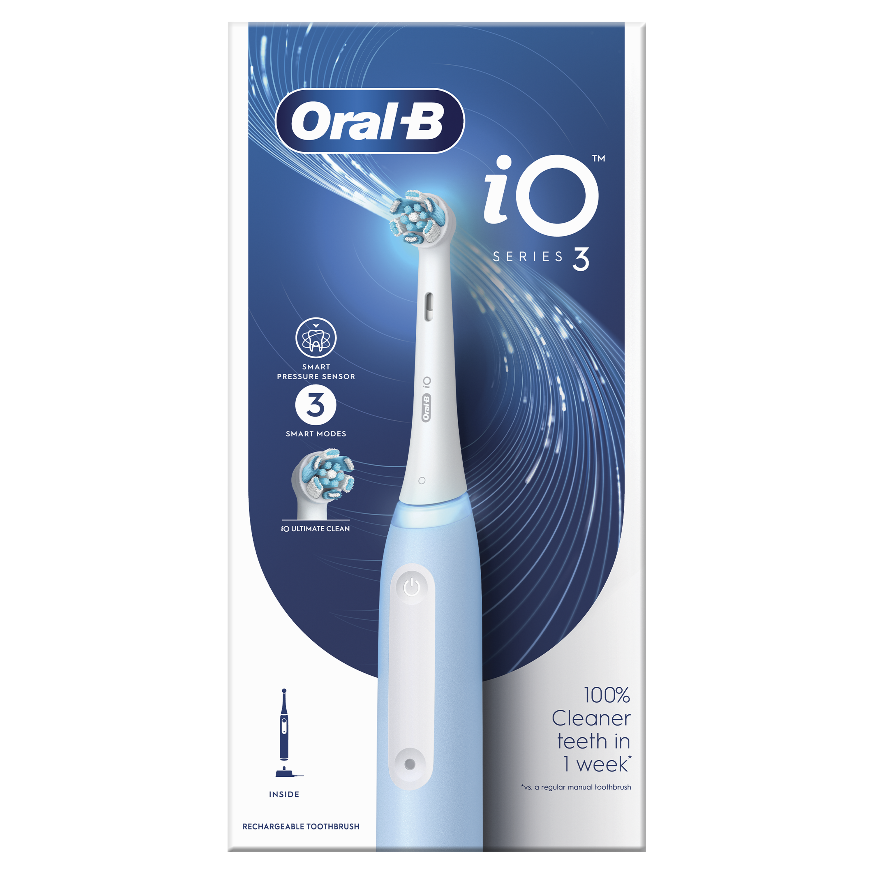 Pudełko szczoteczki elektrycznej Oral-B iO Series 3. Szczoteczka jest jasnoniebieska.