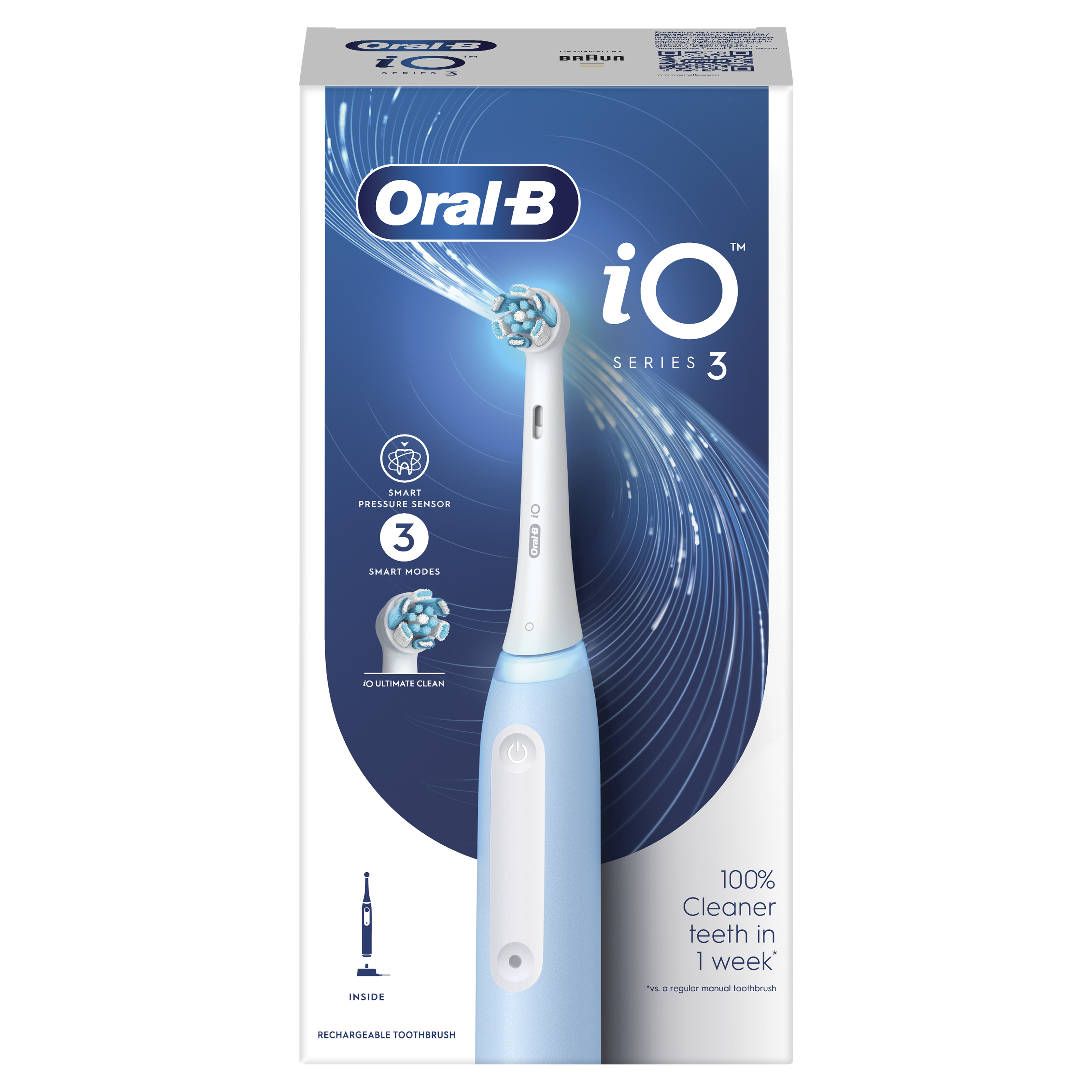 Pudełko szczoteczki elektrycznej Oral-B iO Series 3. Pudełko ma niebieskie tło i pokazuje szczoteczkę.