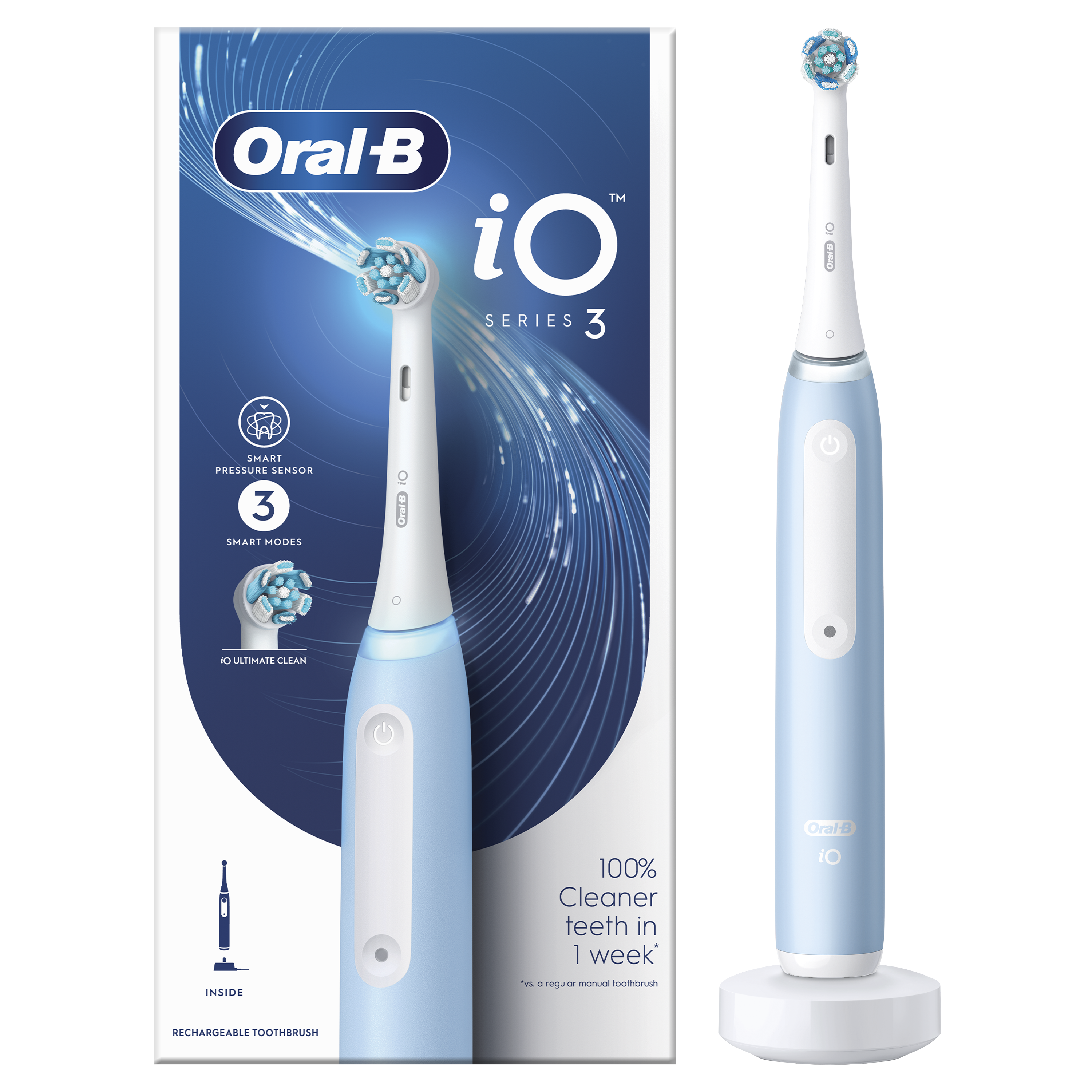 Elektryczna szczoteczka do zębów Oral-B iO Series 3. Jest jasnoniebieska i biała. Pudełko ma kolory niebieski i biały oraz tekst.