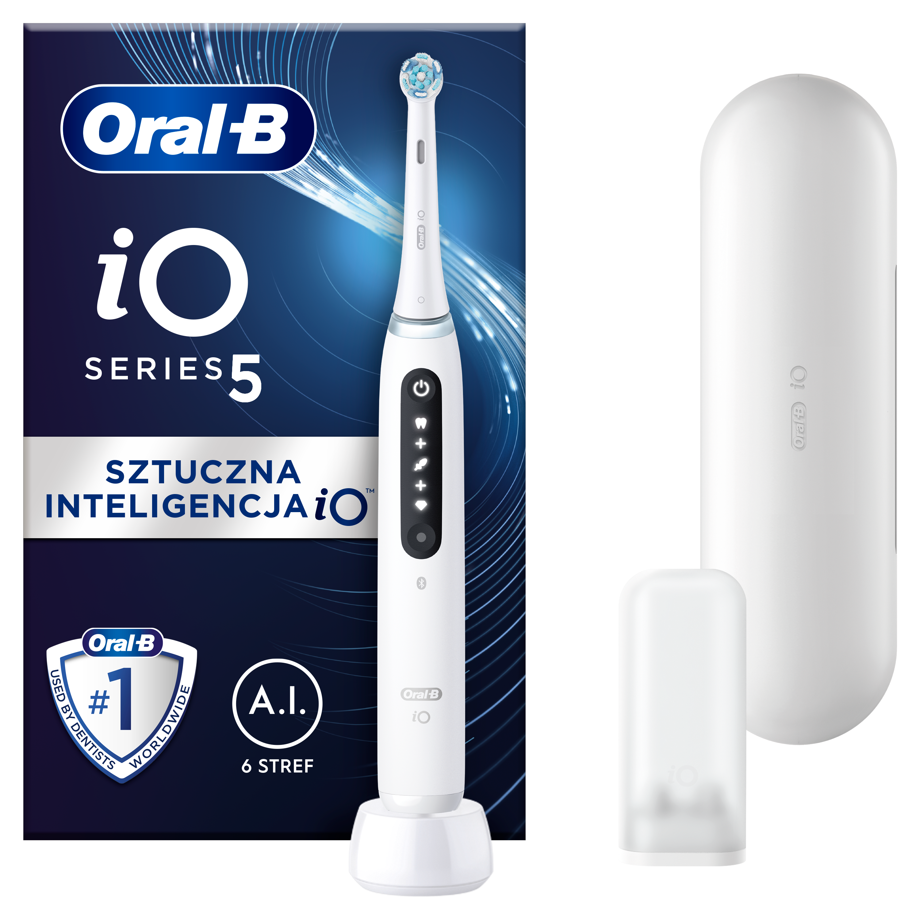Biała szczoteczka elektryczna Oral-B iO Series 5, stacja ładująca, etui podróżne i osłona główki. Opakowanie z logo Oral-B.