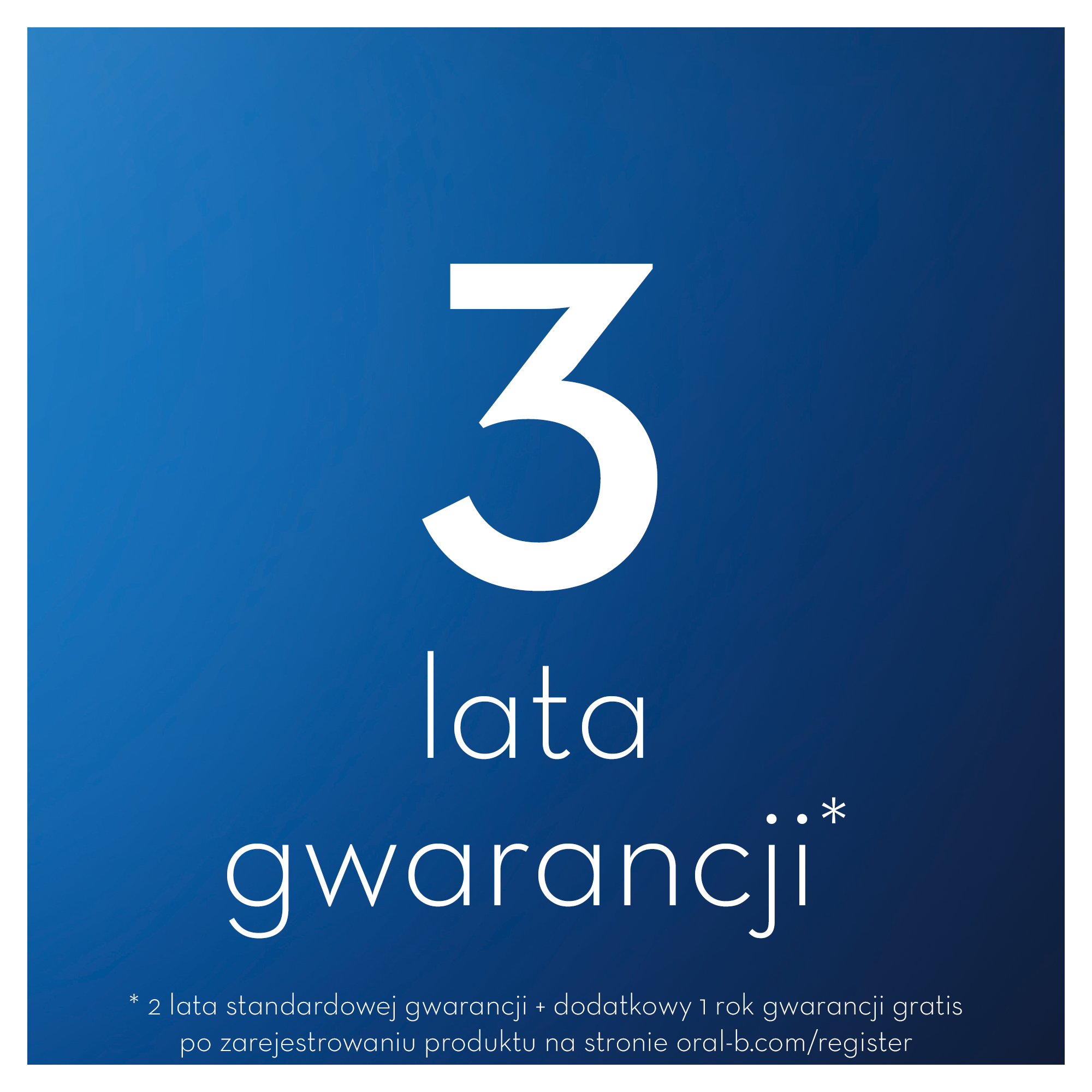 Niebieskie tło z białym tekstem: liczba 3, 'lata gwarancji' oraz przypis o warunkach gwarancji i rejestracji.