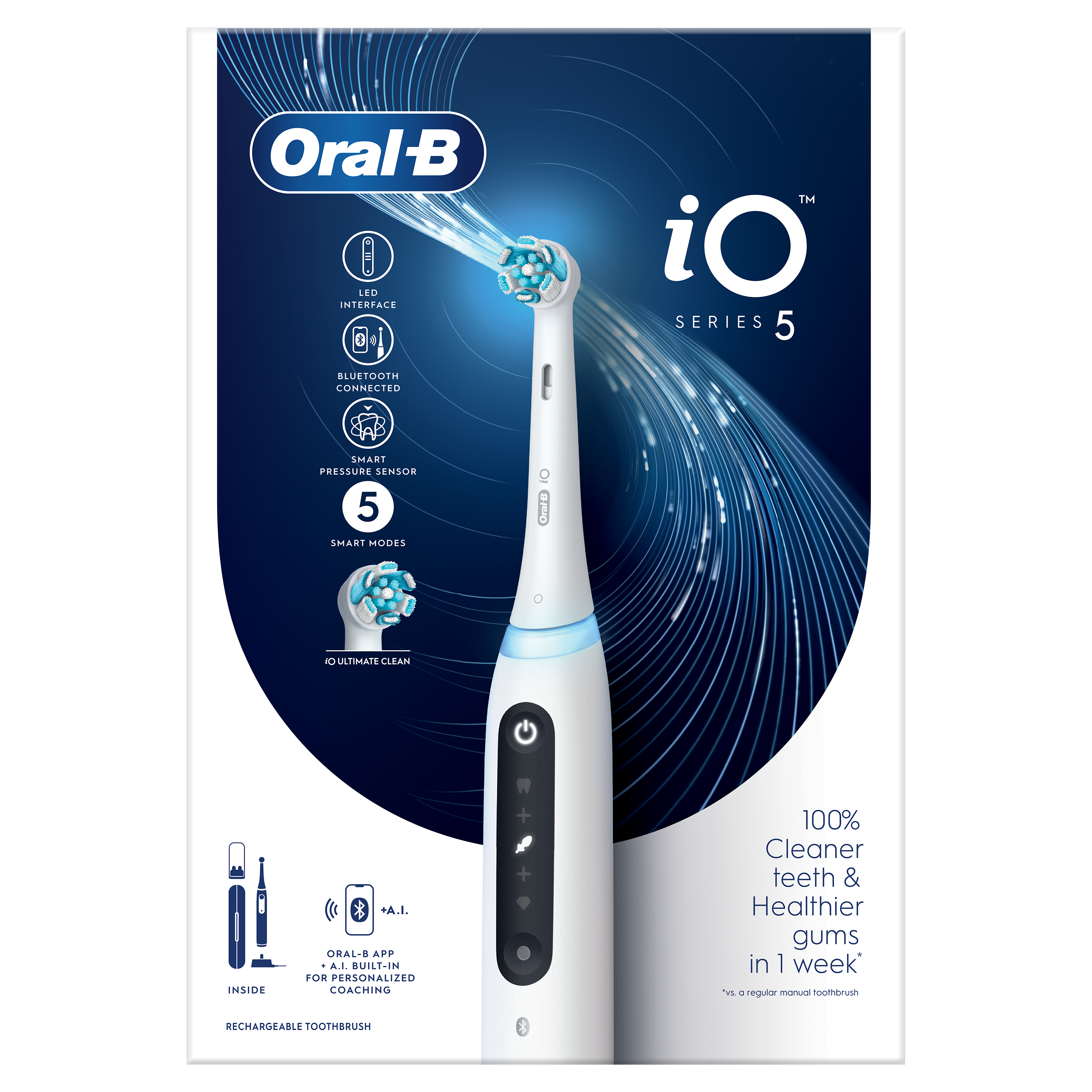 Elektryczna szczoteczka do zębów Oral-B iO Series 5 na białym i niebieskim pudełku. Bluetooth i 5 trybów.