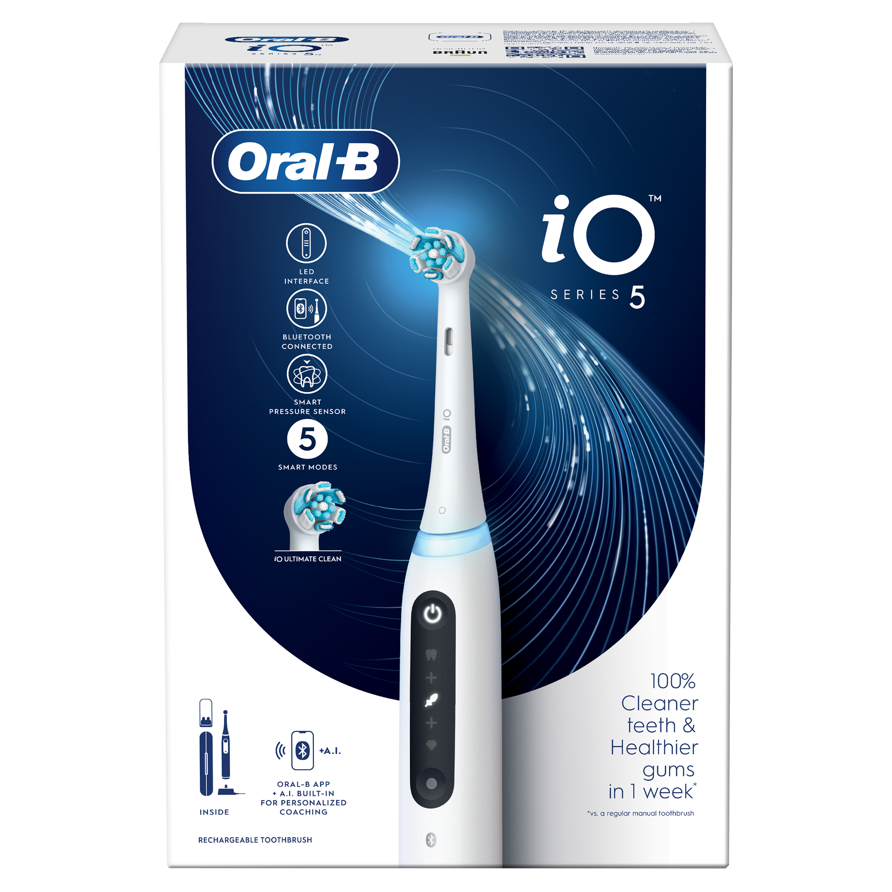 Pudełko szczoteczki elektrycznej Oral-B iO Series 5. Biała szczoteczka z niebieskimi akcentami. Widoczny tekst i ikony.