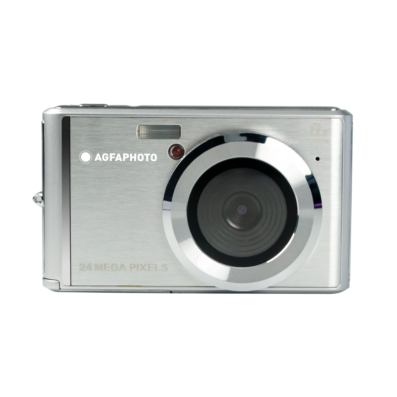 Gümüş AgfaPhoto dijital fotoğraf makinesi. Gümüş halkalı lens, flaş ve ön tarafta '24 MEGA PIXELS' yazısı bulunuyor.