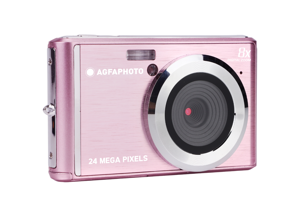 Pembe dijital kamera, gümüş detaylar, lens ve flaş. Kamerada 'AGFAPHOTO' ve '24 MEGA PIXELS' yazmaktadır.