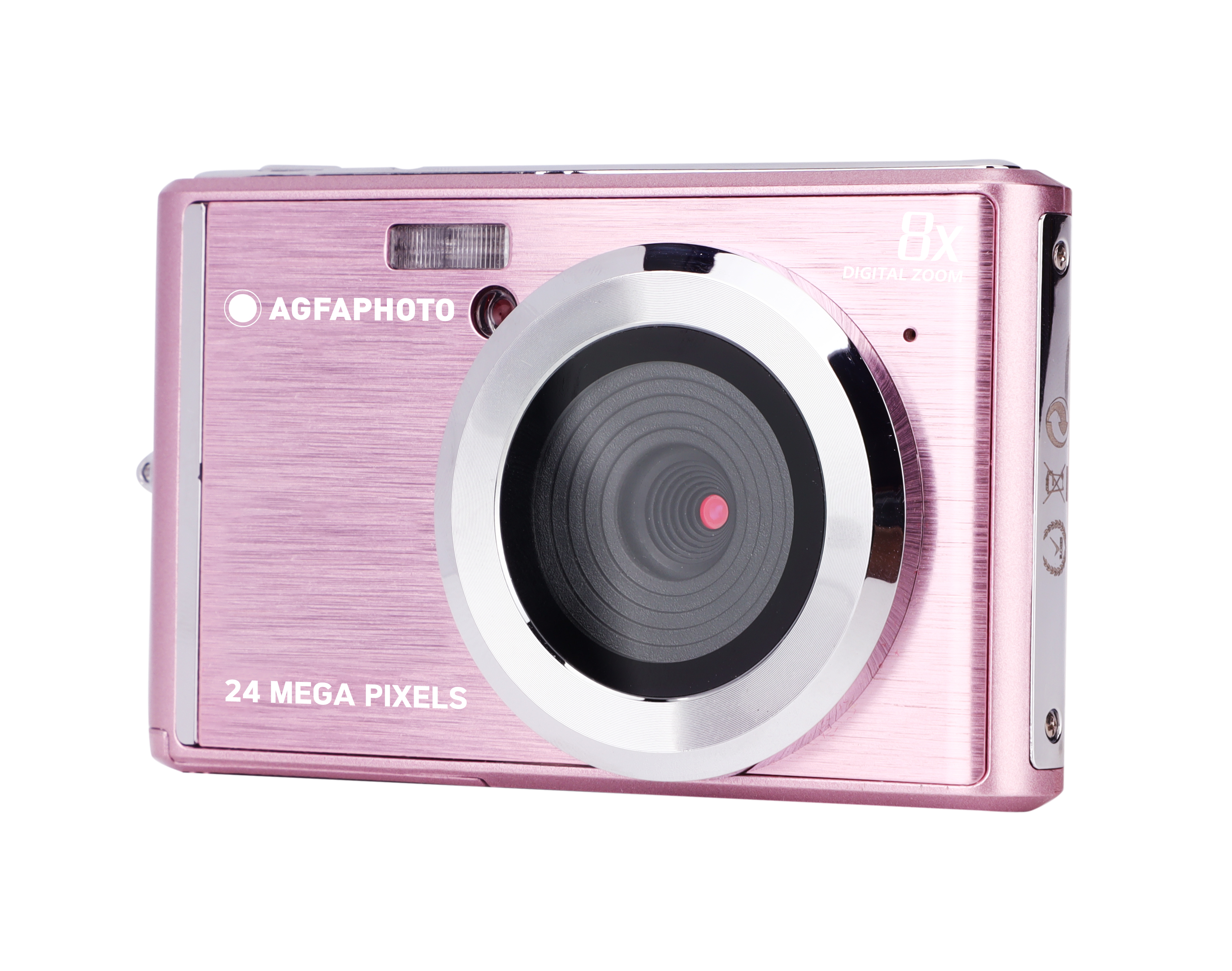 Pembe AgfaPhoto dijital kamera. Lens, flaş ve 8x dijital zoom, 24 megapiksel içerir. Beyaz zemin üzerinde izole edilmiştir.