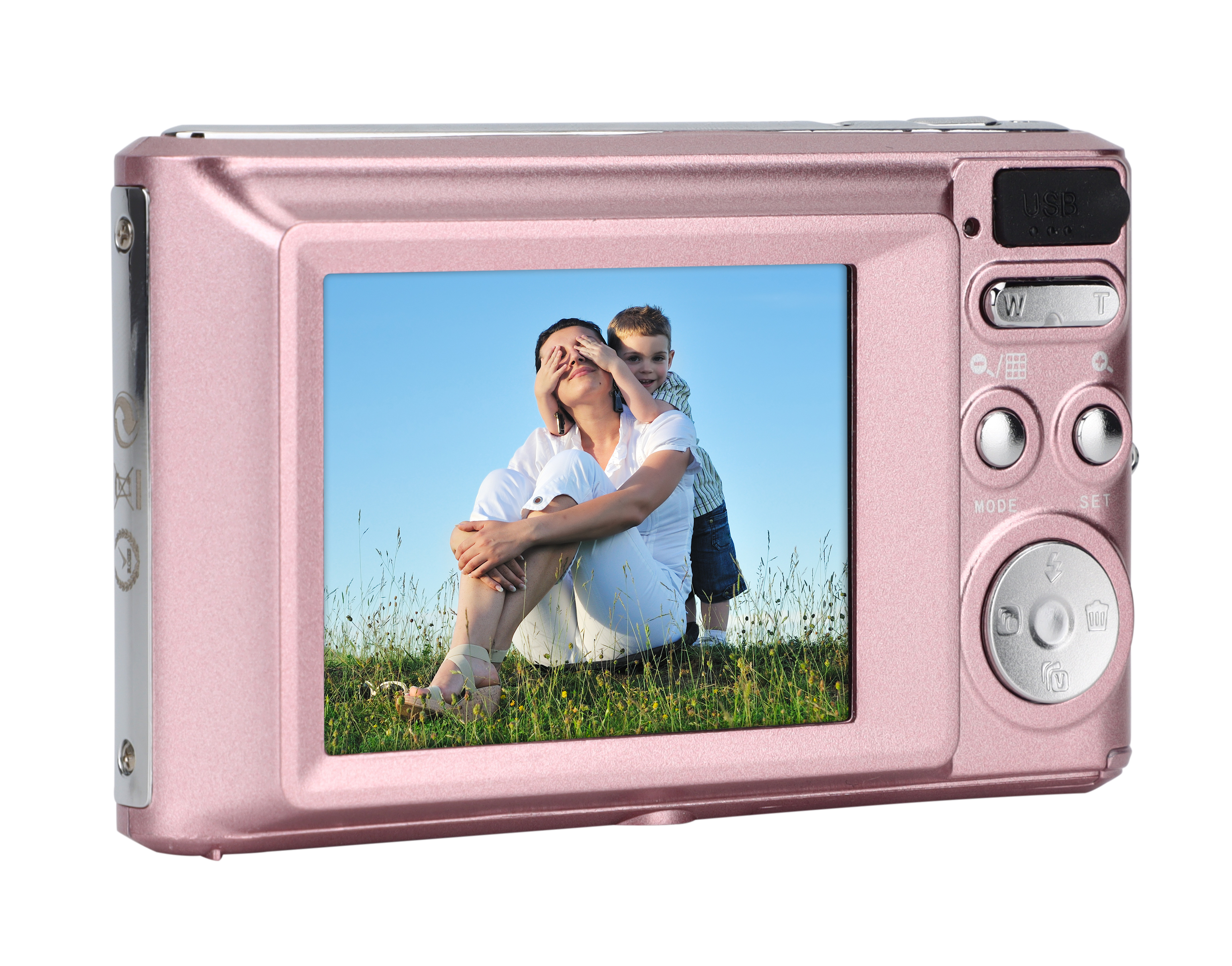 Pembe kamera, dışarıda bir kadın ve çocuğu gösteriyor. Çocuk kadının gözlerini kapatıyor.