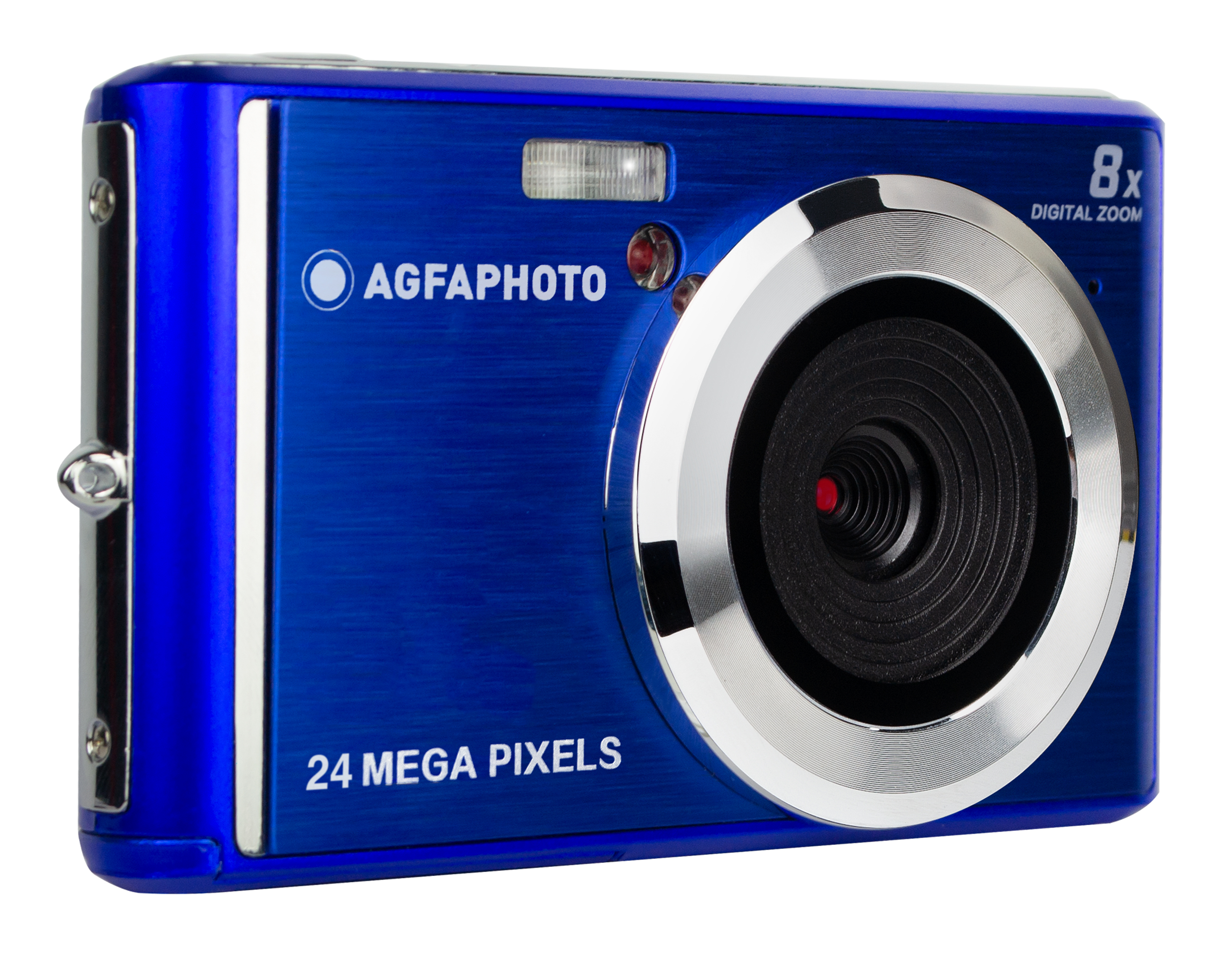 Mavi AgfaPhoto kamera. Lens, flaş ve 8x dijital zoom özelliklerine sahiptir. 24 megapikseldir.