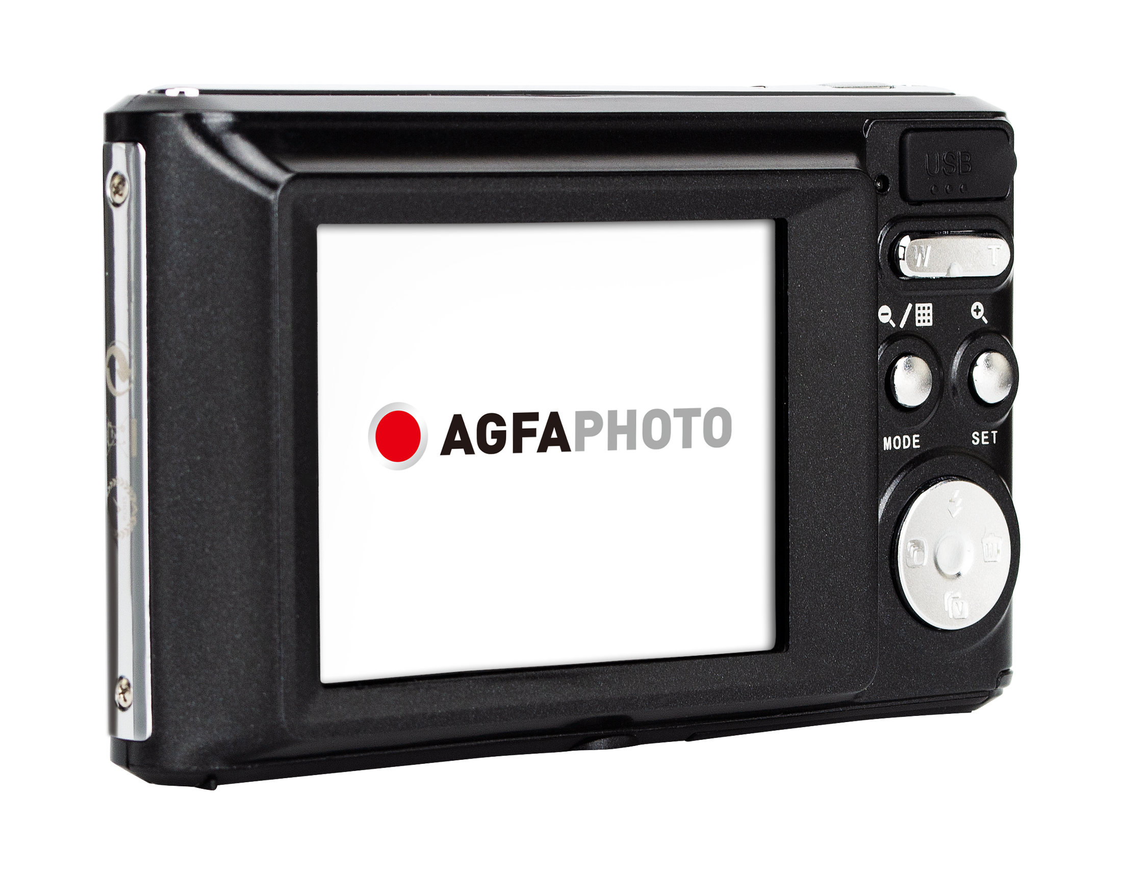 Siyah dijital kamera arkası, 'AGFA PHOTO' logosu gösteren ekranla. Düğmeler ve portlar görünür.