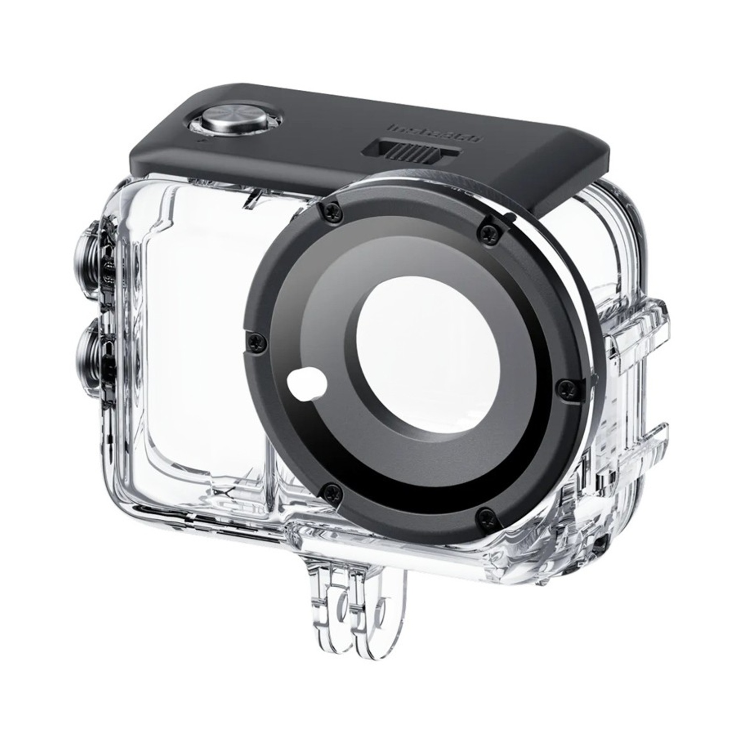 Custodia per fotocamera in plastica trasparente con dettagli neri, lente e pulsanti. Sembra progettata per l'uso subacqueo.