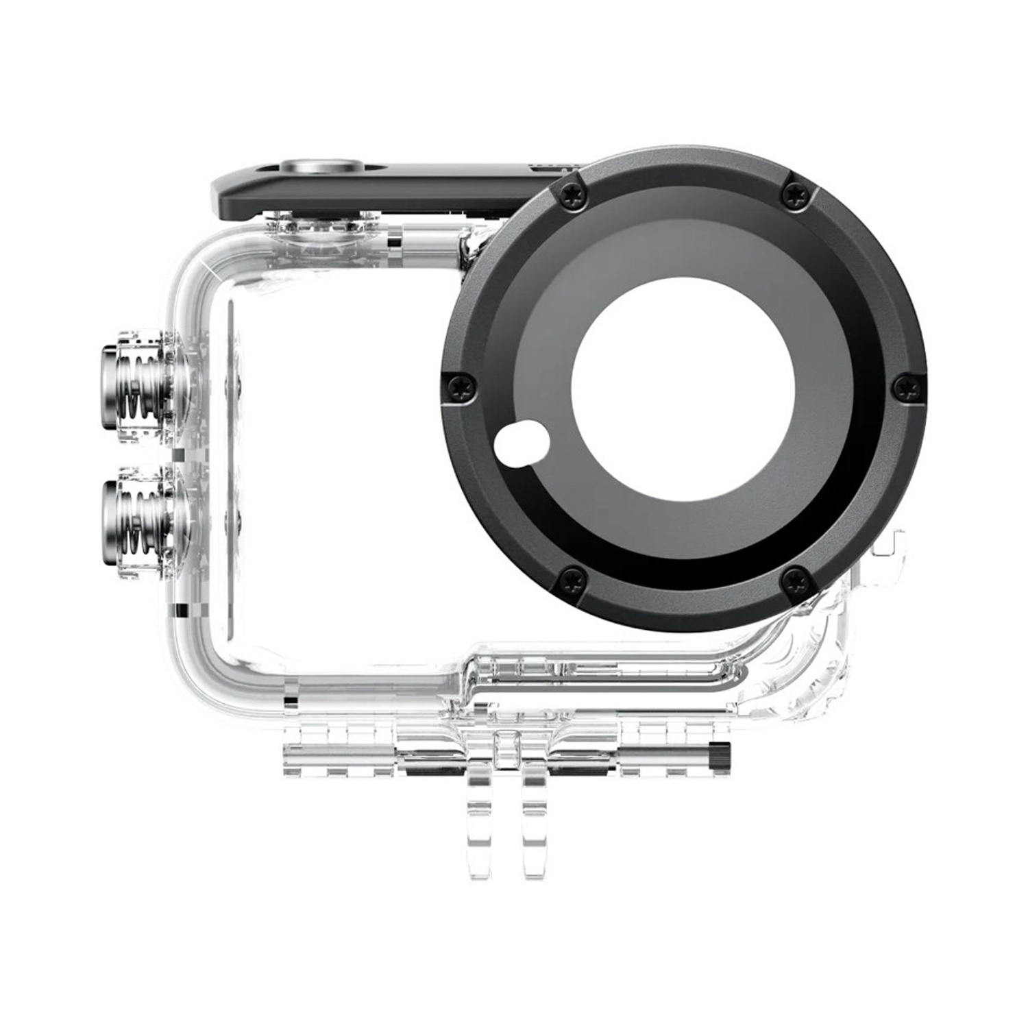 Custodia trasparente e impermeabile per fotocamera. Ha un anello dell'obiettivo e una parte superiore neri, con lati trasparenti e curvi e una base di montaggio.