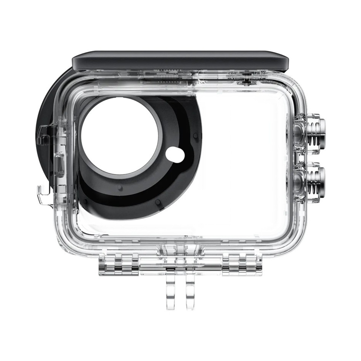 Custodia per fotocamera in plastica trasparente con dettagli neri. Ha un obiettivo rotondo, un corpo rettangolare e chiusure argentate.