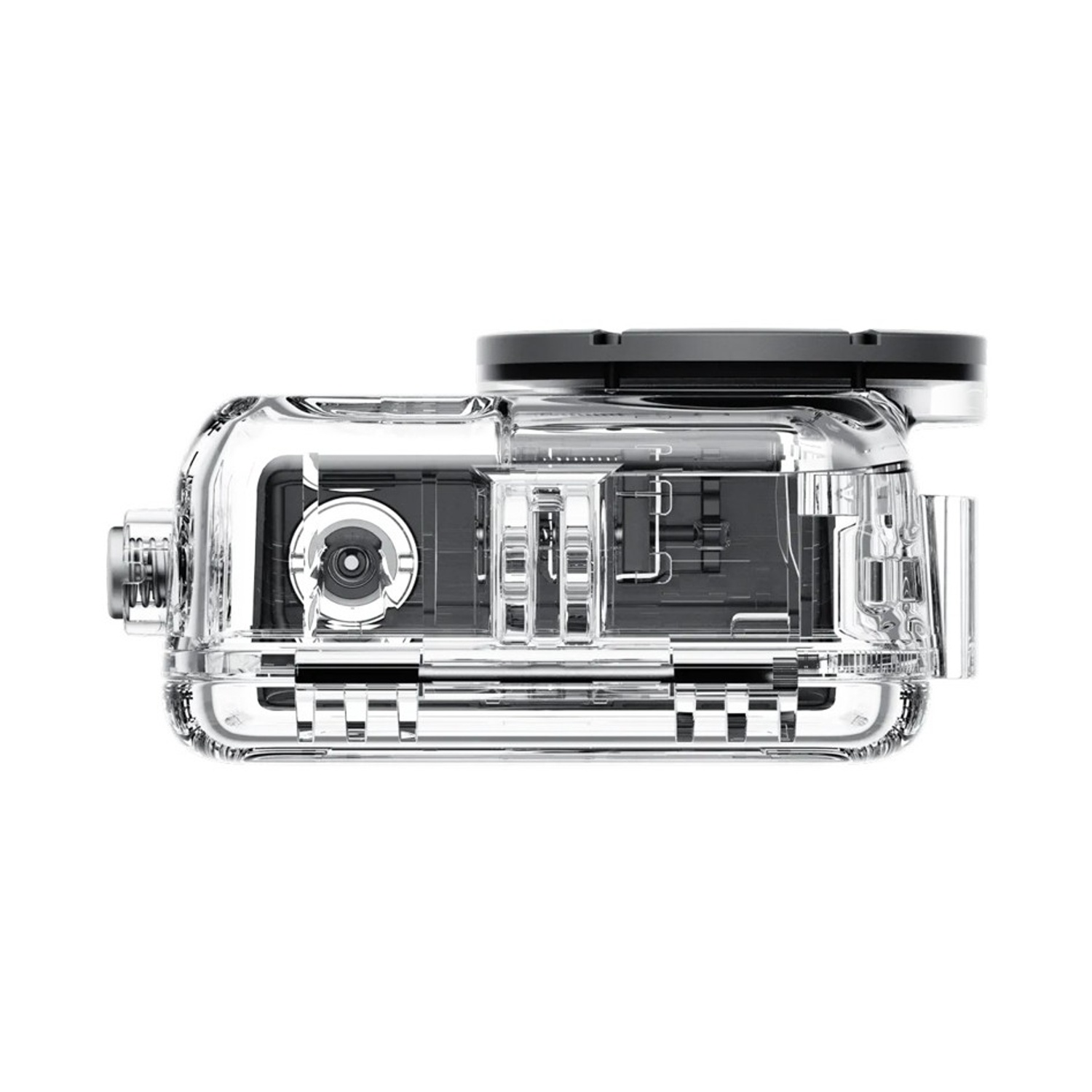 Una custodia per fotocamera impermeabile trasparente e rettangolare con un coperchio nero. La custodia ha un obiettivo, pulsanti e componenti interni visibili.