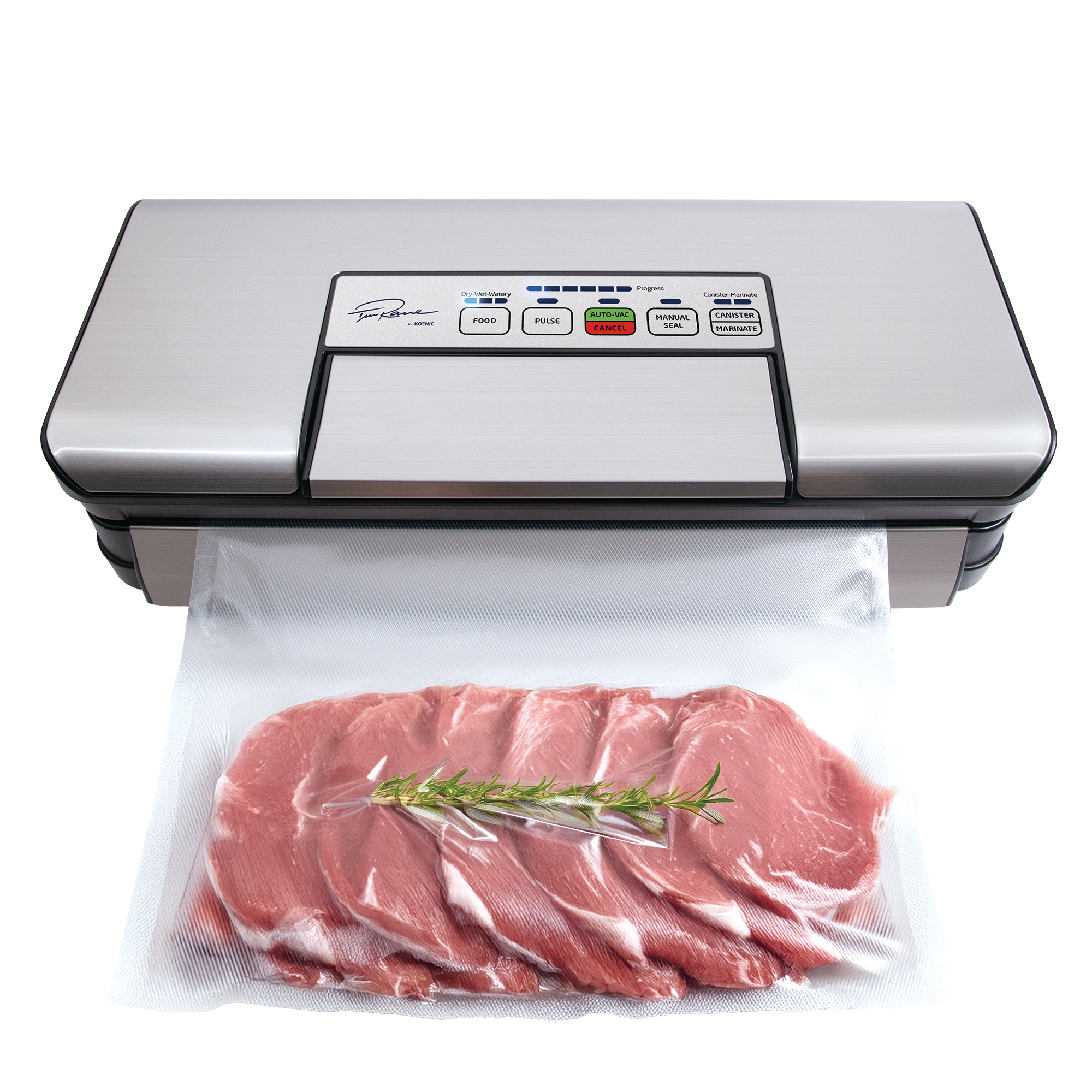 Ein Vakuumiergerät mit einer Packung geschnittenem Fleisch, Rosmarin und einer durchsichtigen Plastiktüte.
