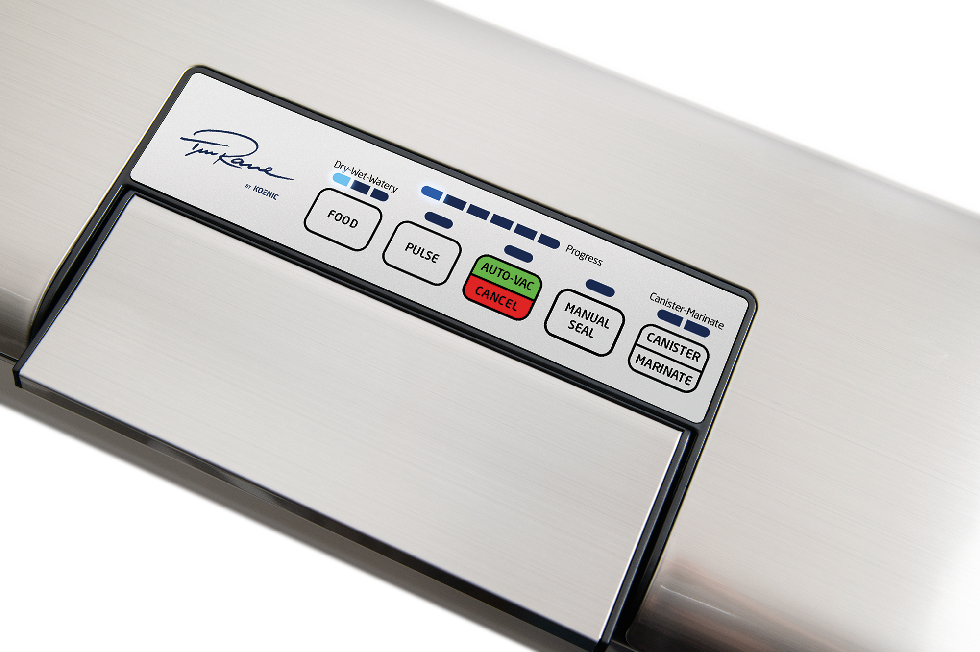 Nahaufnahme des Bedienfelds eines Vakuumversiegelungsgeräts. Zu den Tasten gehören Food, Pulse, Auto-Vac, Cancel, Manual Seal, Canister und Marinate.