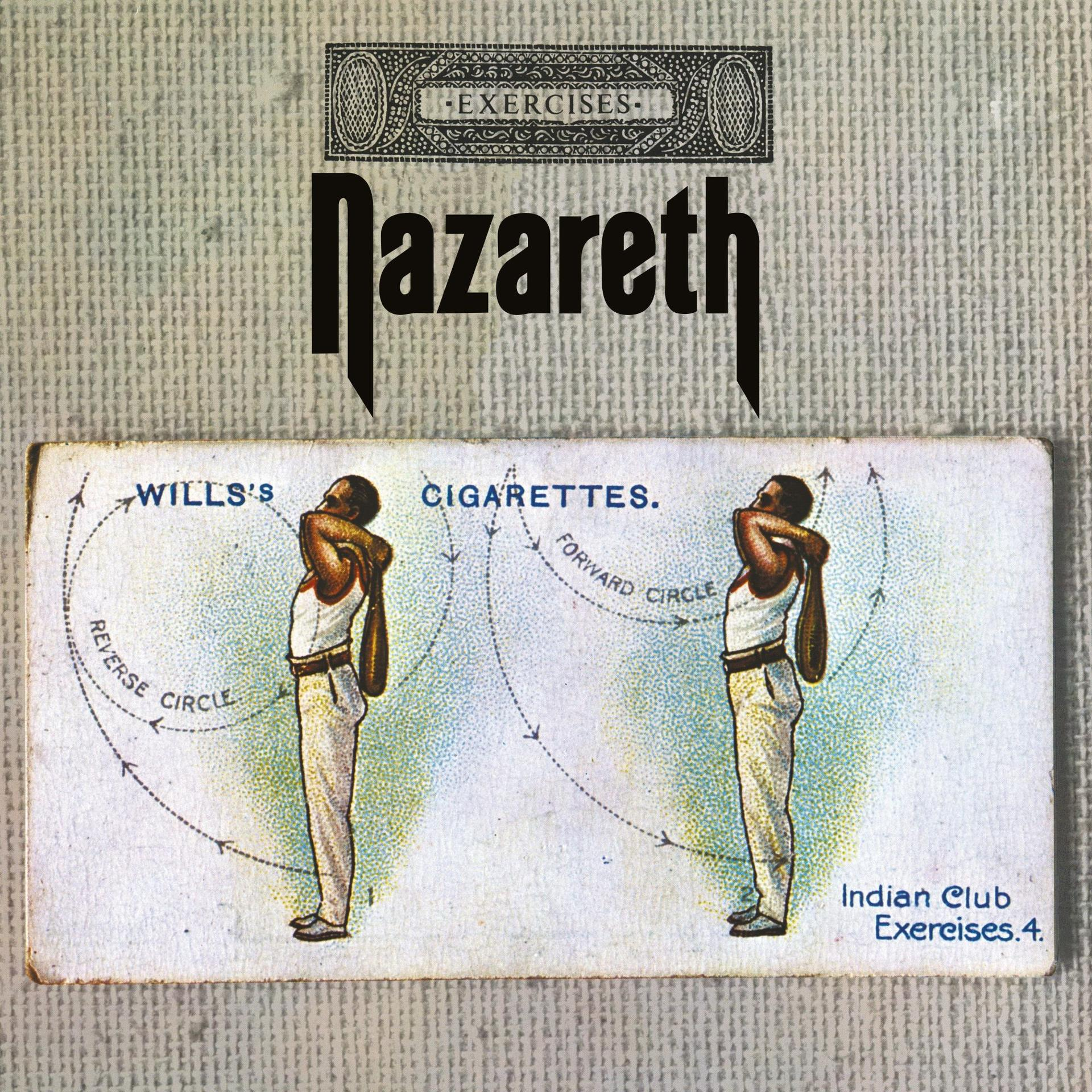 Das Bild zeigt eine Vintage-Zigarettenkarte mit Übungsillustrationen und dem Namen der Band Nazareth.