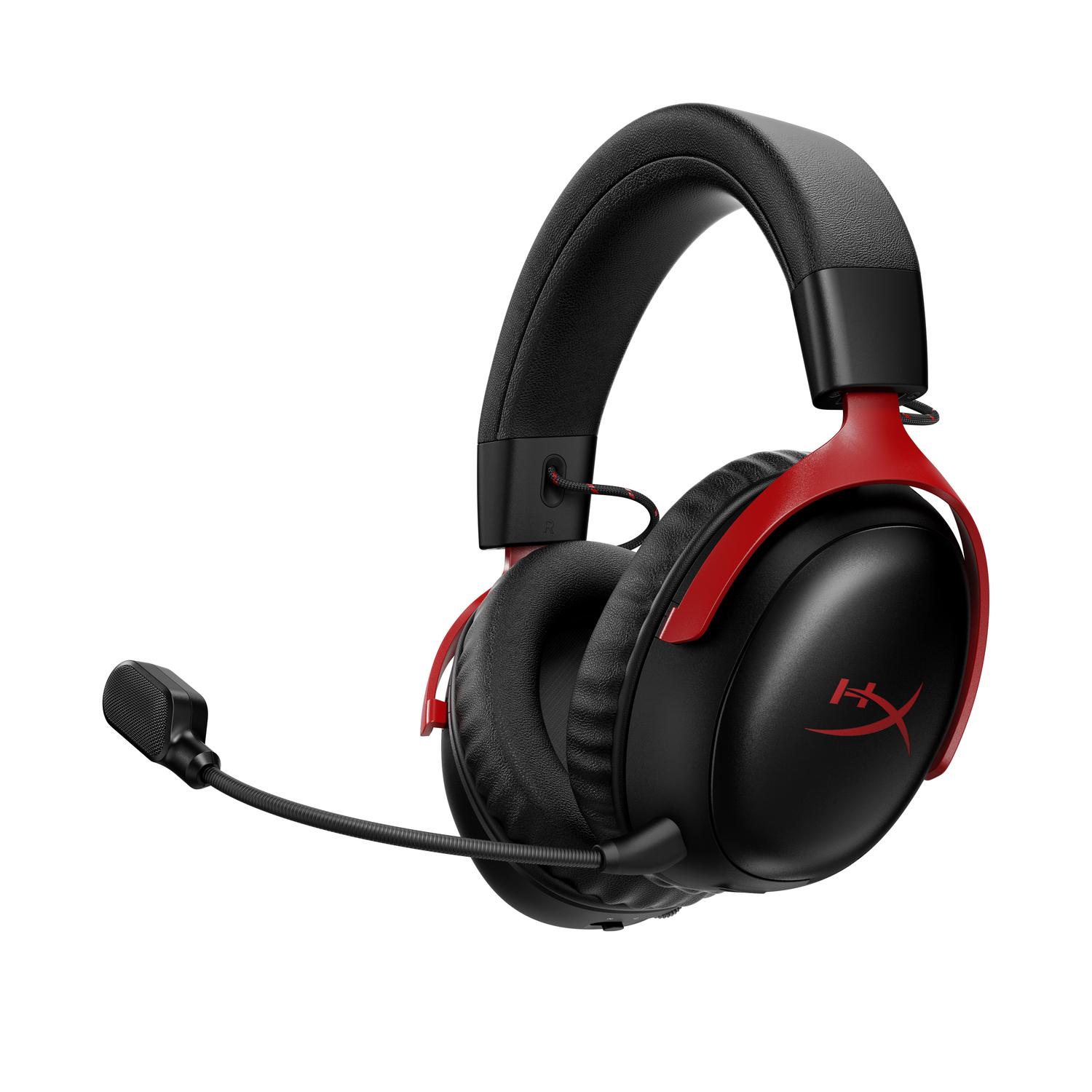 Auriculares para juegos negros y rojos sobre un fondo blanco. Con micrófono, auriculares con logotipo y diadema acolchada.