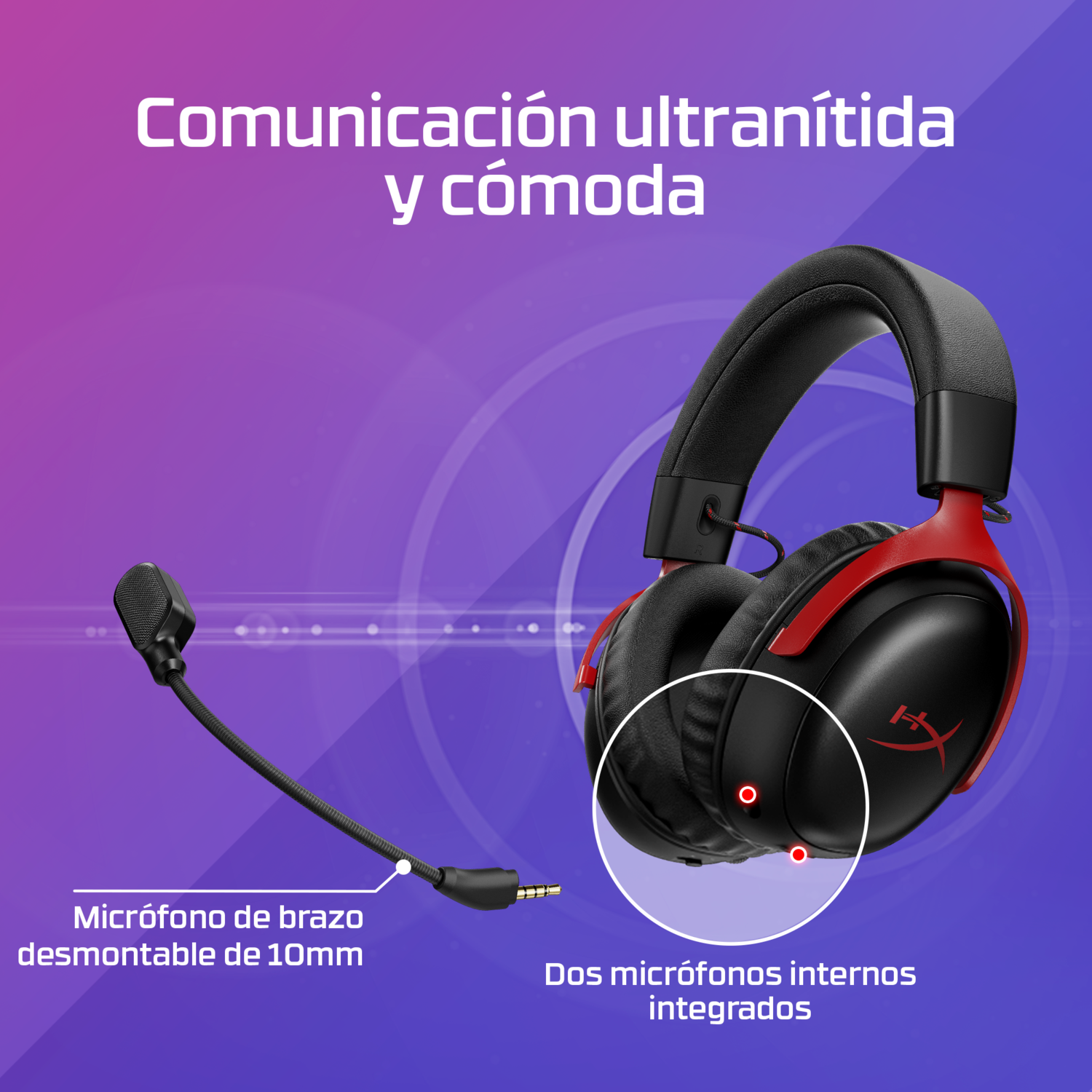 Auriculares con micrófono desmontable. Diseño negro y rojo. Texto en español. Dos micrófonos internos integrados.