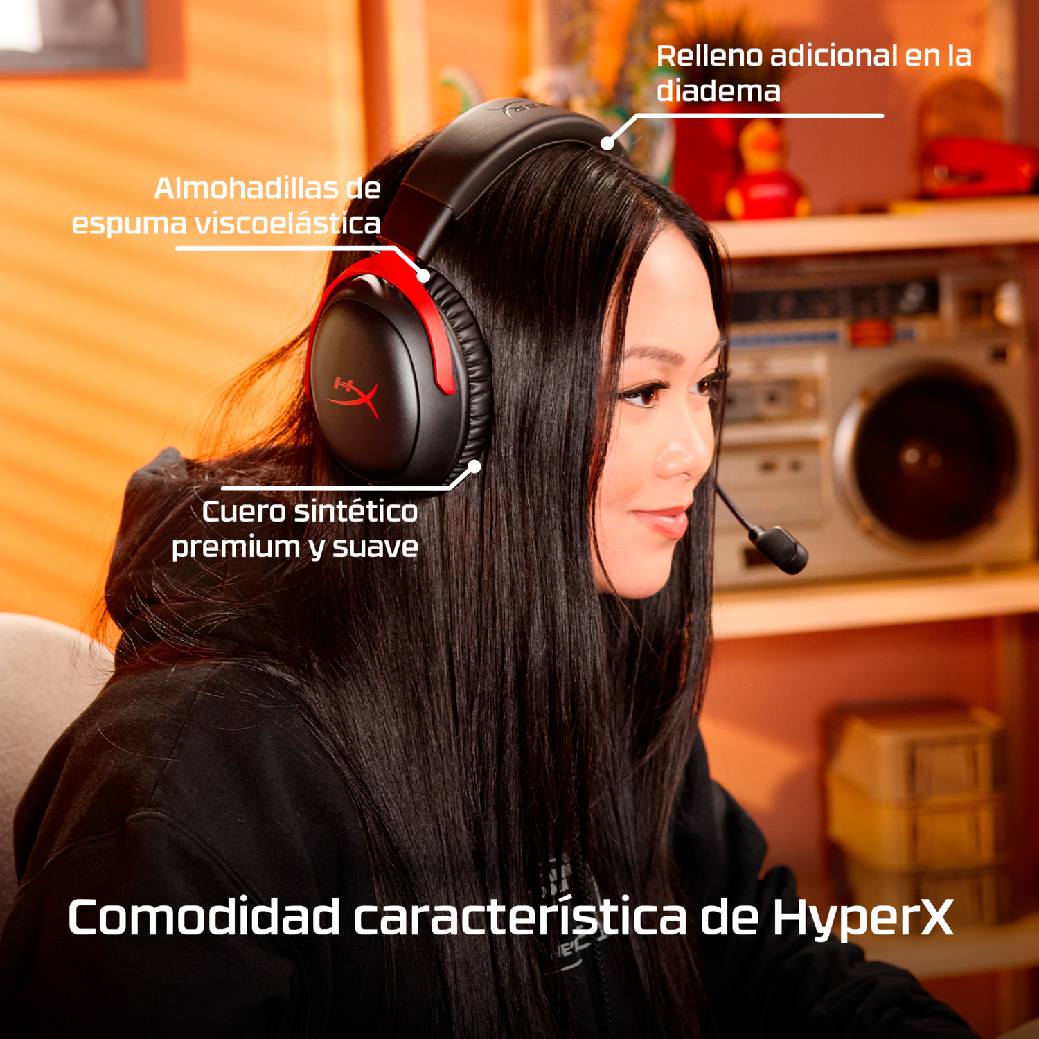 Una mujer usa unos auriculares negros con detalles rojos. El texto destaca características: almohadillas, acolchado de la diadema y cuero sintético suave.