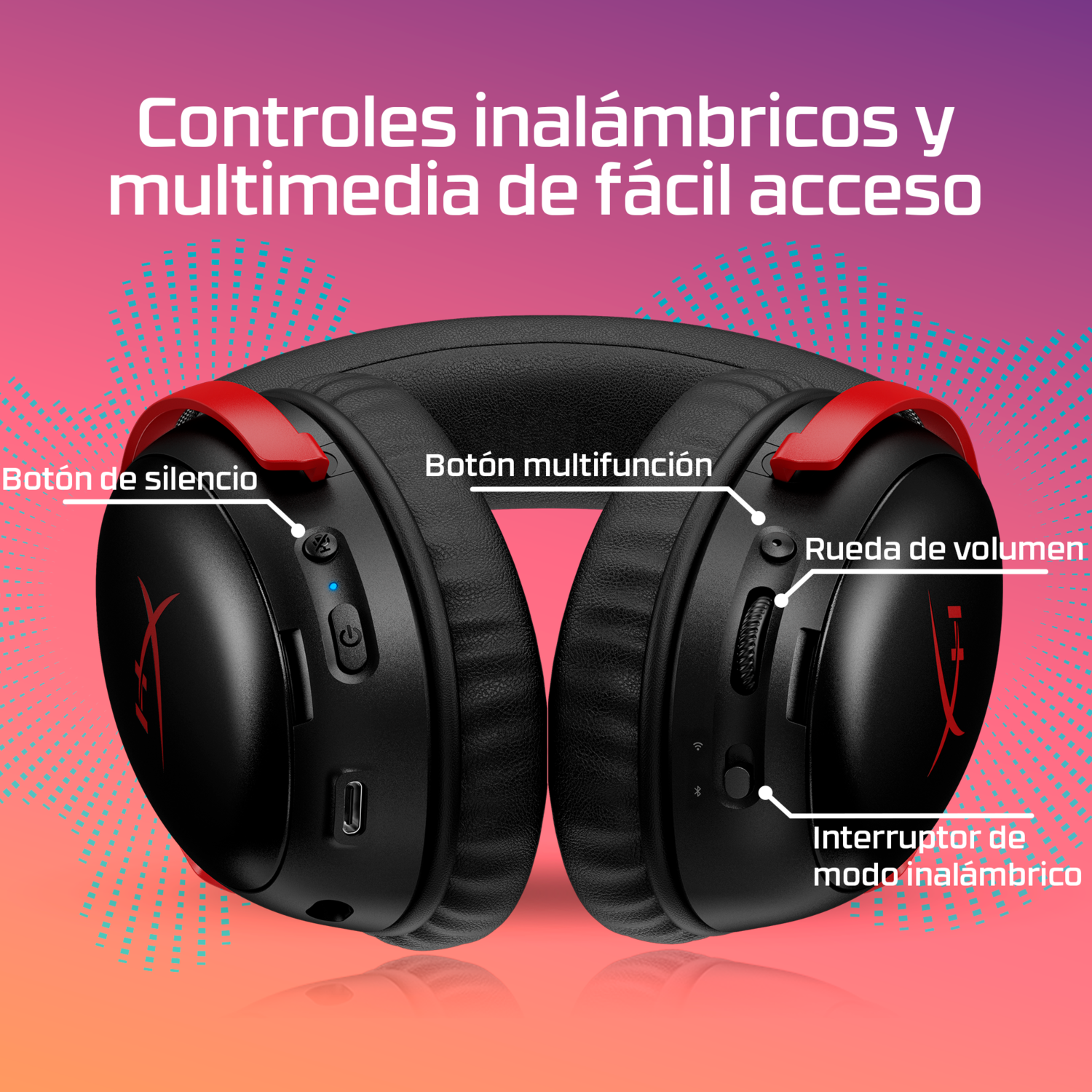 Auriculares negros con detalles rojos. Las características etiquetadas incluyen silencio, botón multifunción, rueda de volumen e interruptor de modo inalámbrico.