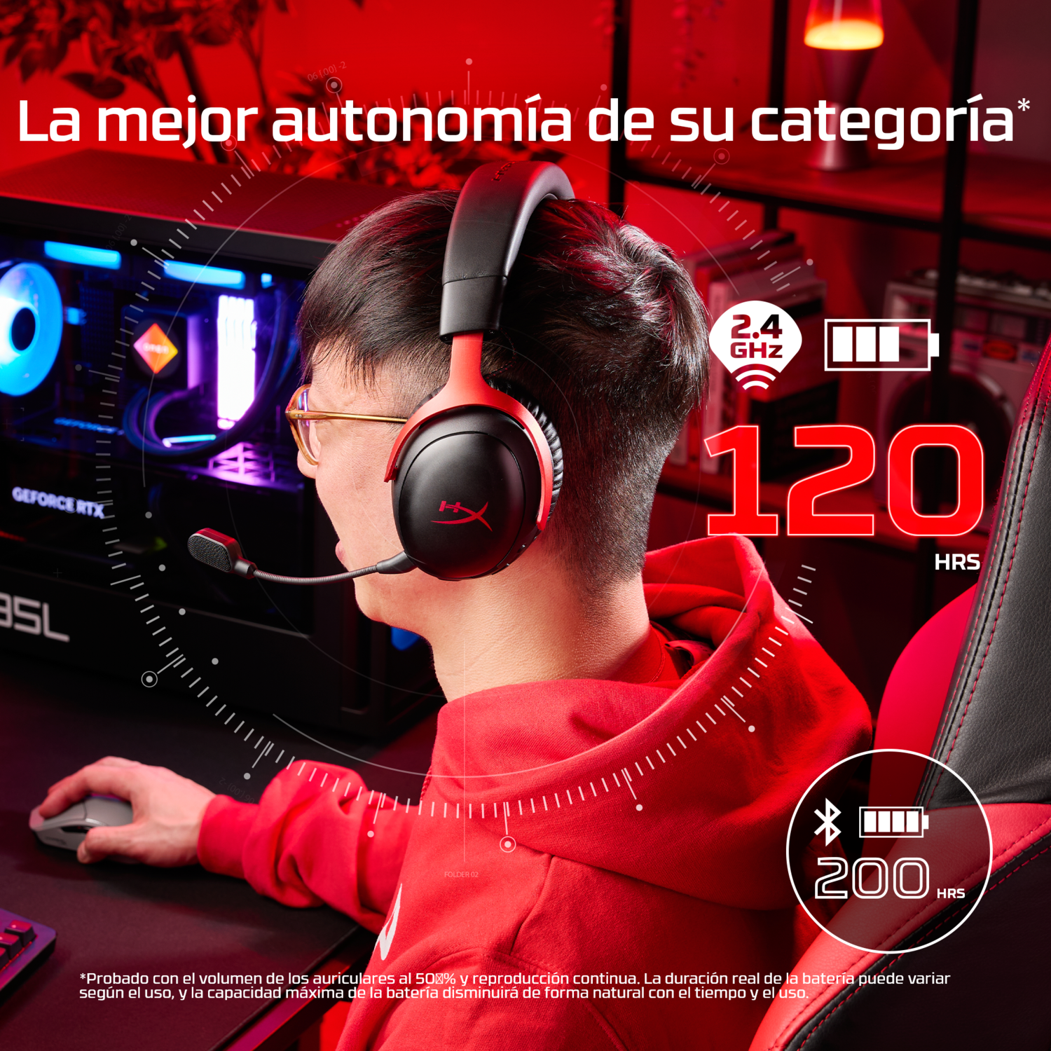 Una persona con auriculares rojos está sentada en una silla gamer. El texto incluye '120 HRS', '200 HRS' y '2.4 GHz'. Hay una computadora en el fondo.