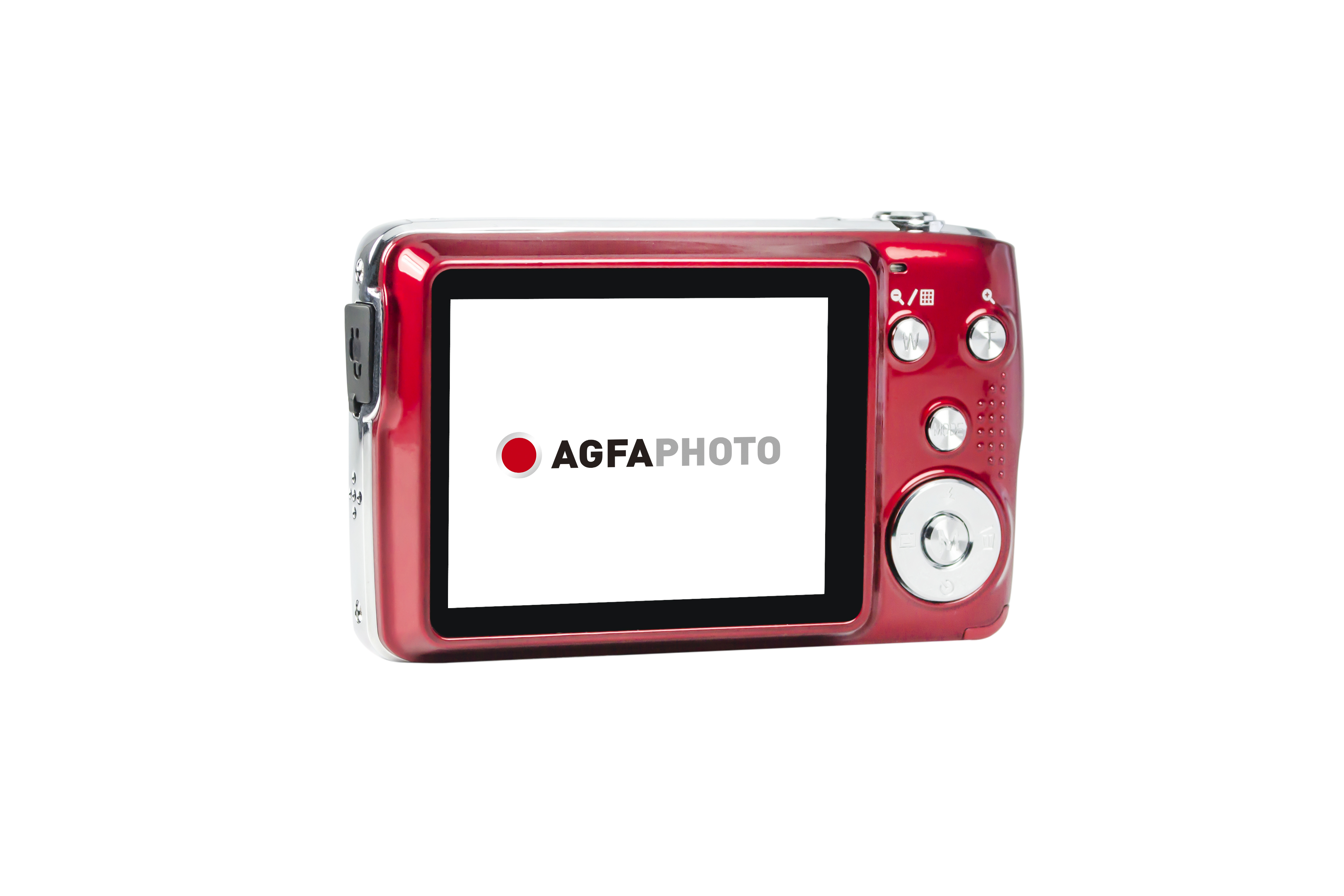 Beyaz ekranlı kırmızı bir dijital kamera, AGFA PHOTO logosunu gösteriyor. Arka plan beyaz.