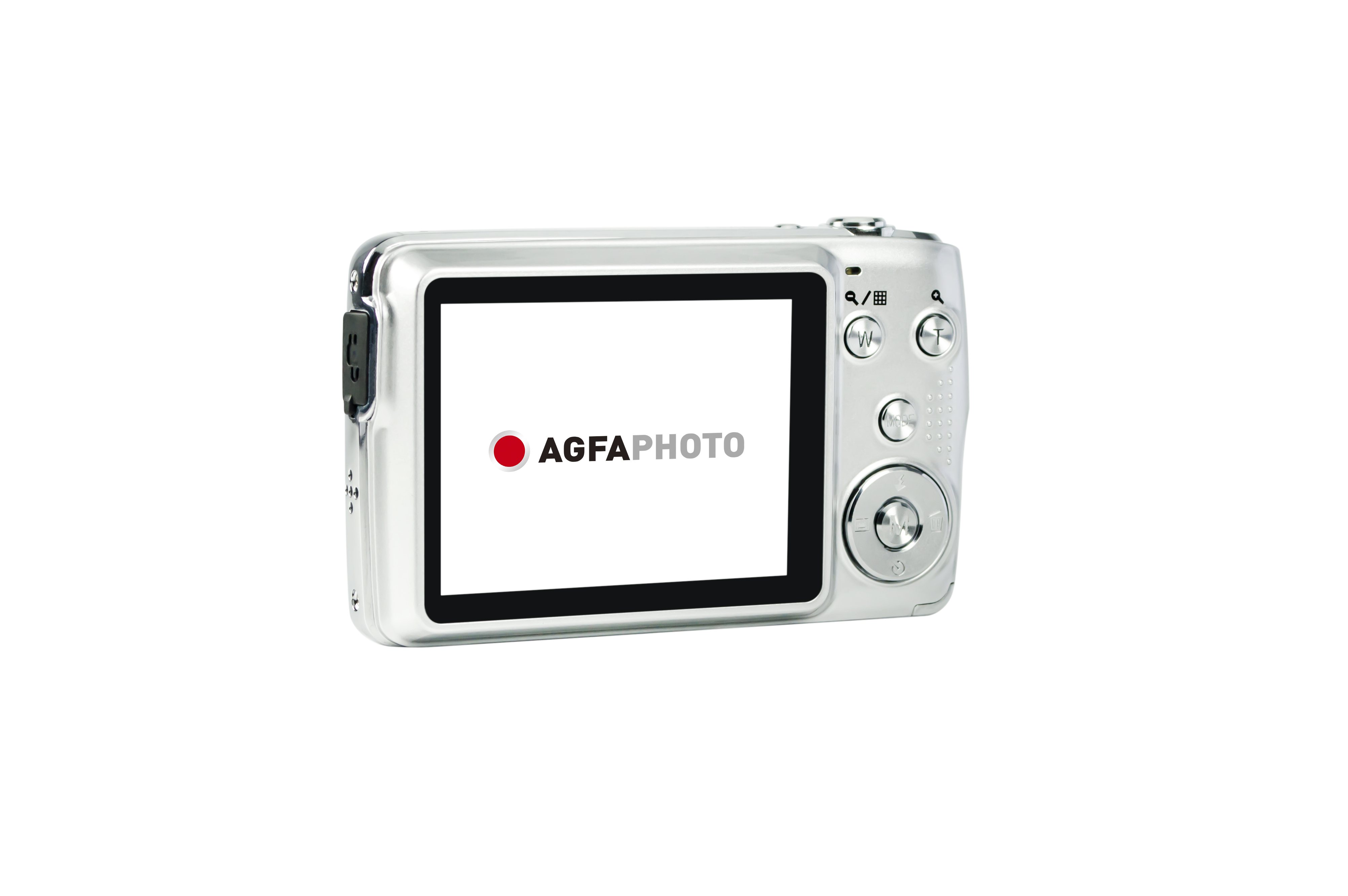 'AGFAphoto' ekranlı gümüş dijital kamera. Arka plan beyaz.