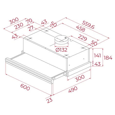 Diagrama de una campana extractora con dimensiones en milímetros. Muestra vistas superior, frontal y lateral con medidas.