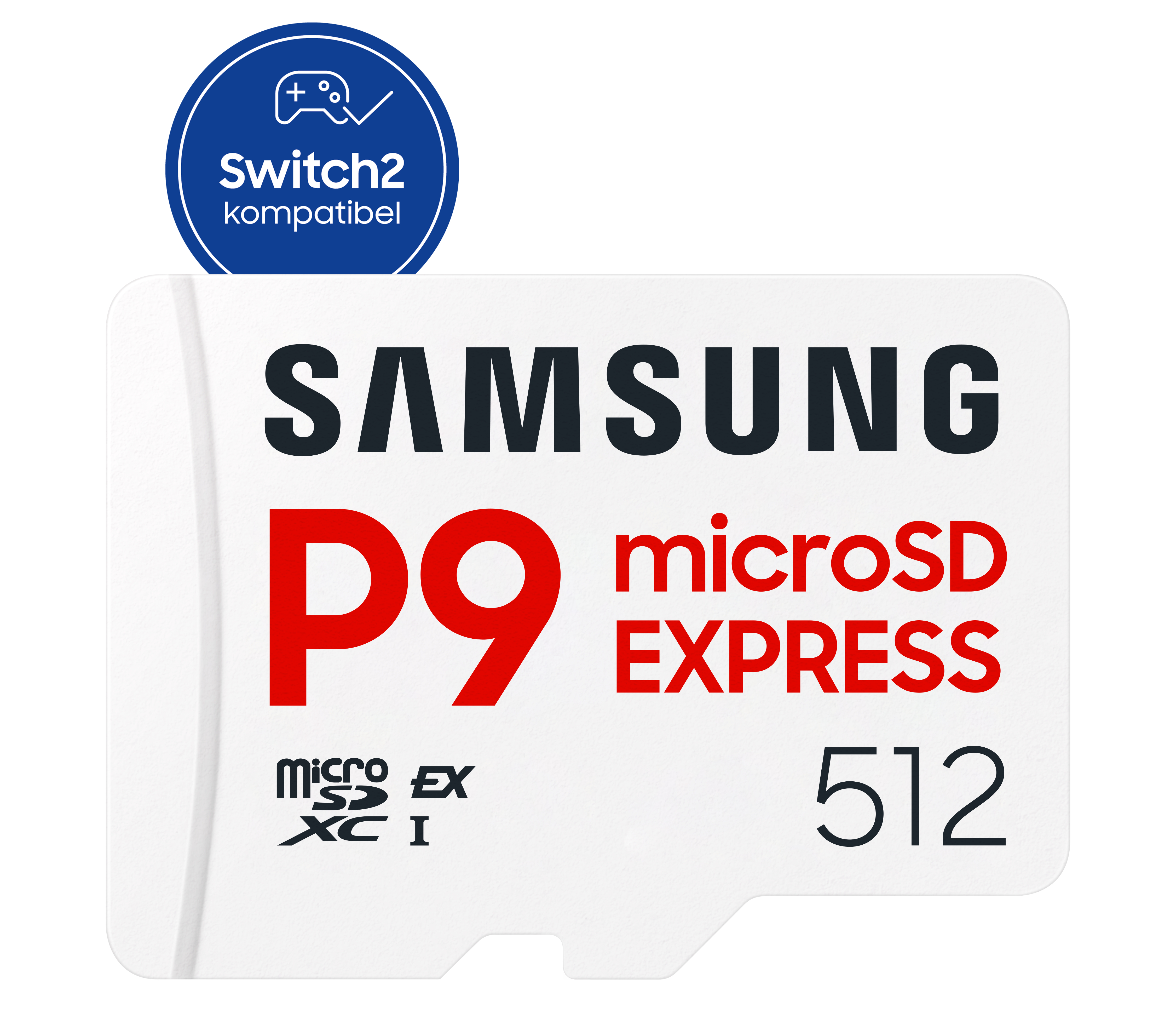 Eine weiße Samsung microSD-Karte mit roter und schwarzer Schrift. Ein blauer Kreis sagt 'Switch2 kompatibel'.